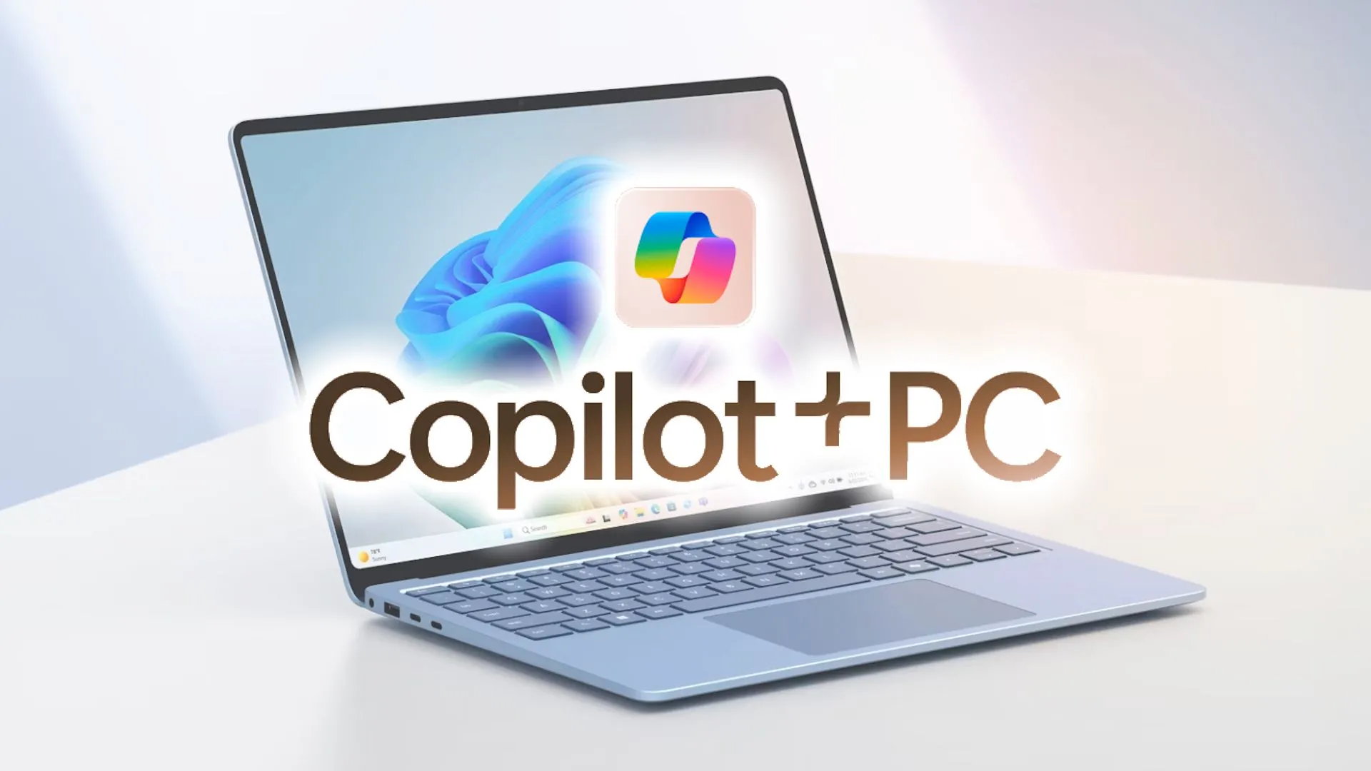 Laptop Microsoft Surface AI với logo Copilot, minh họa cho việc các tác vụ AI mạnh mẽ vẫn chạy trên đám mây.