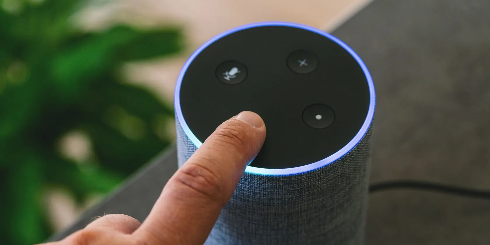 Loa thông minh Amazon Echo màu xám đặt cạnh một người đang sử dụng