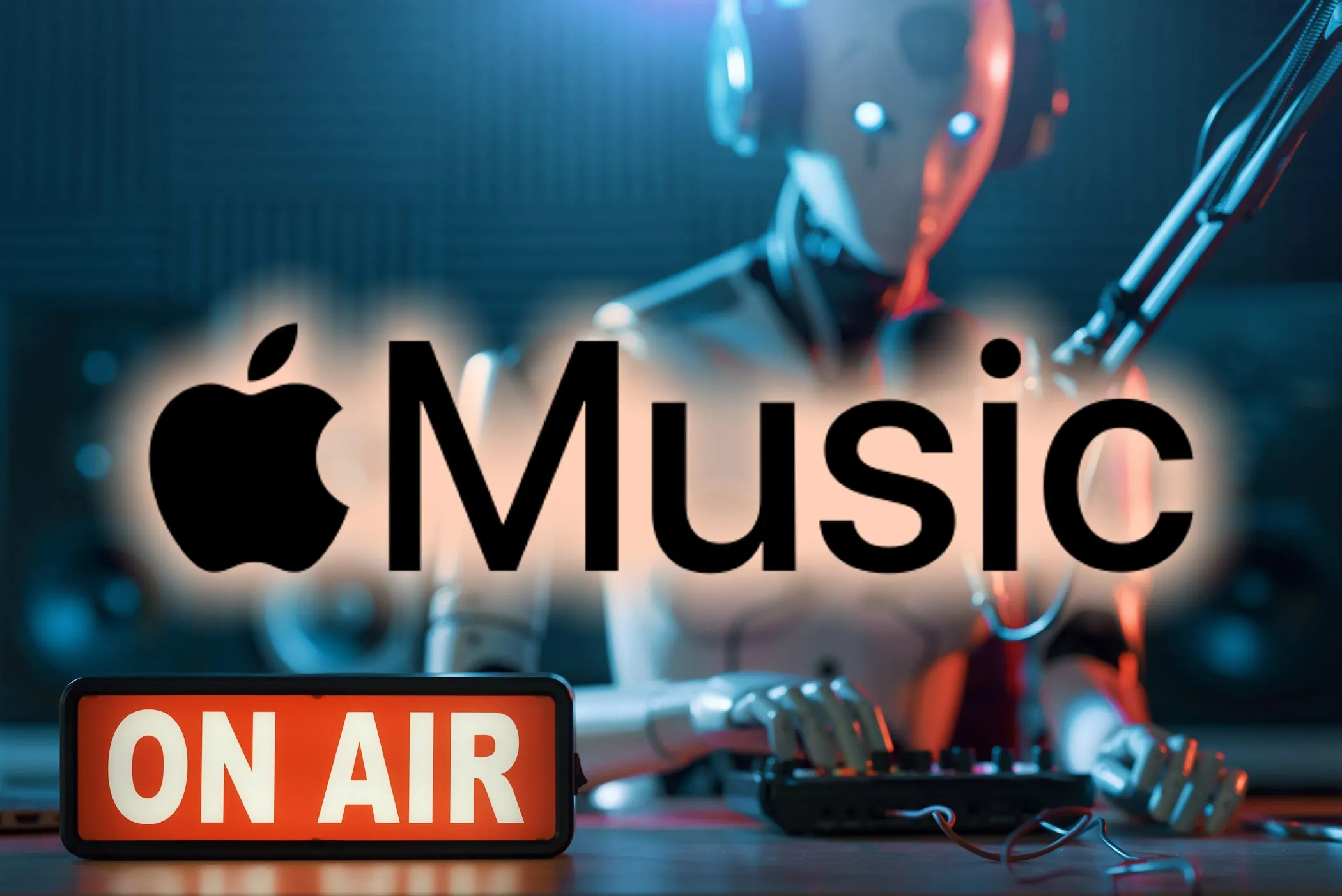 Logo Apple Music cùng hình ảnh robot DJ minh họa tính năng AutoMix