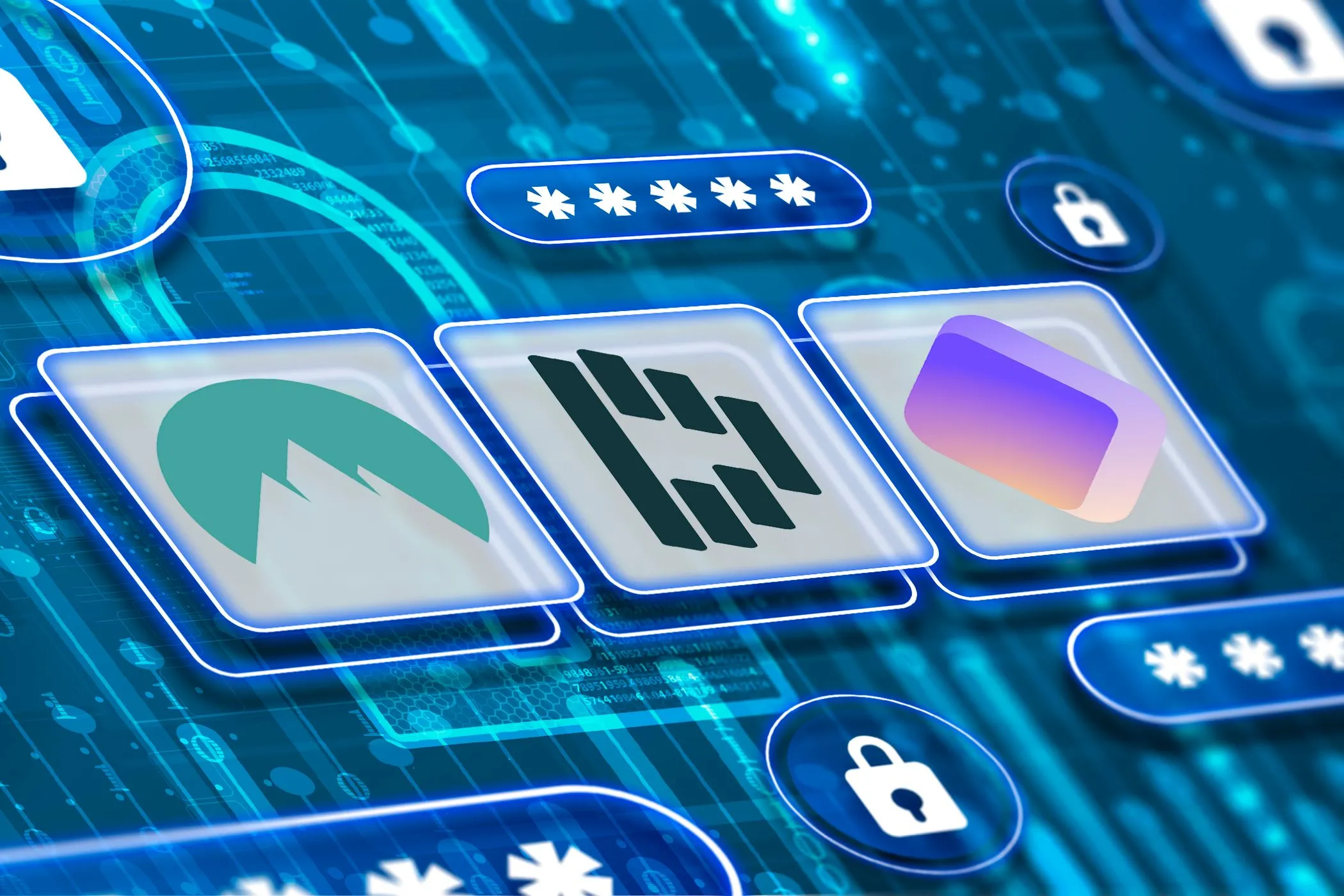 Logo của các trình quản lý mật khẩu hàng đầu NordPass, Dashlane và Proton Pass, biểu tượng bảo mật tài khoản