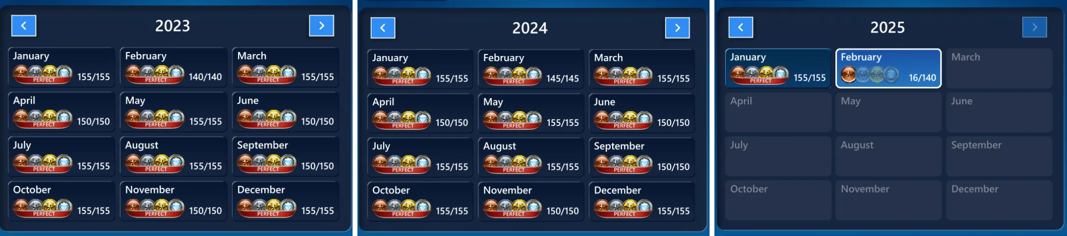 Lưới hiển thị lịch các thử thách hàng ngày của game Microsoft Solitaire trên máy tính từ năm 2023 đến 2025, thể hiện sự kiên trì và tích lũy thói quen.