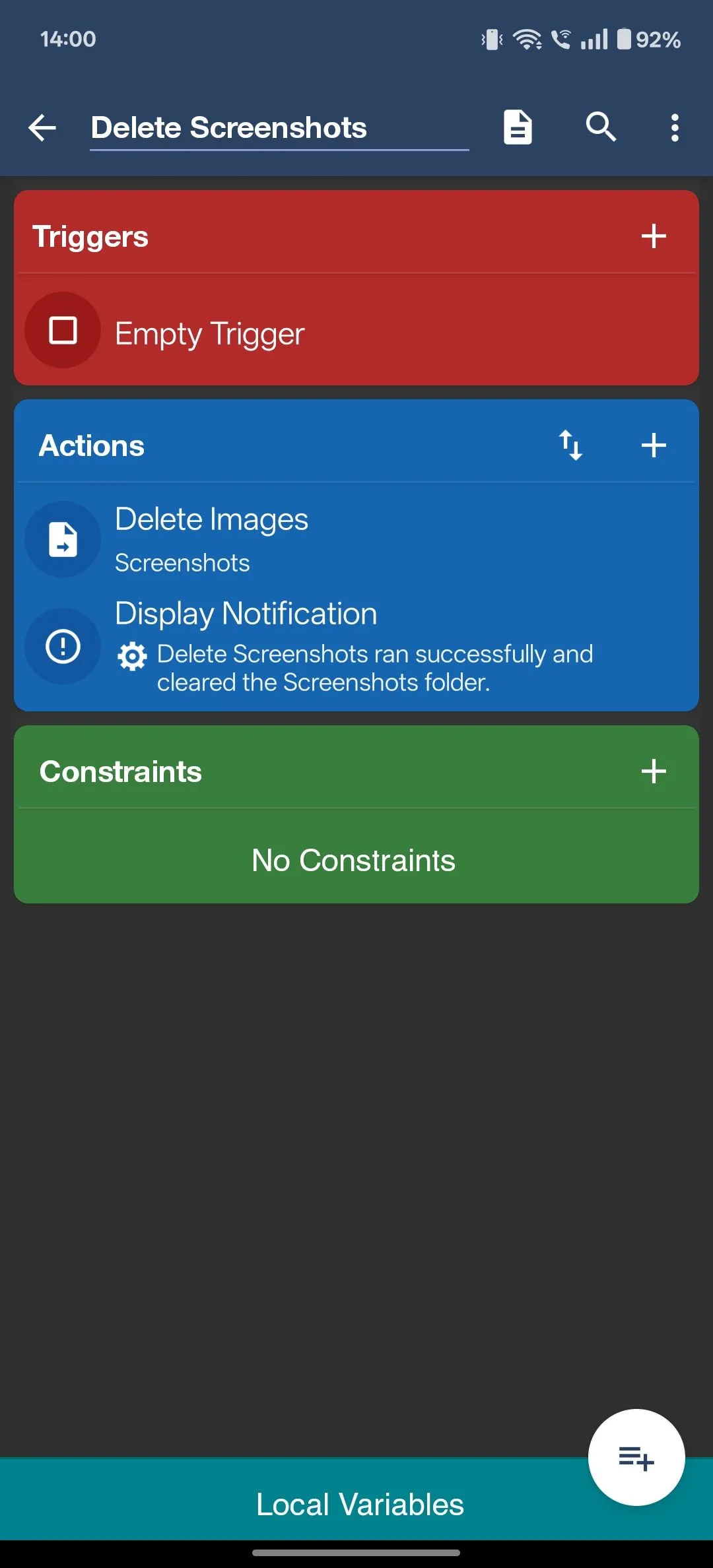 Macro hoàn chỉnh trong MacroDroid với các hành động &quot;Delete Images&quot; và &quot;Display Notification&quot; đã được cấu hình, sẵn sàng để sử dụng.