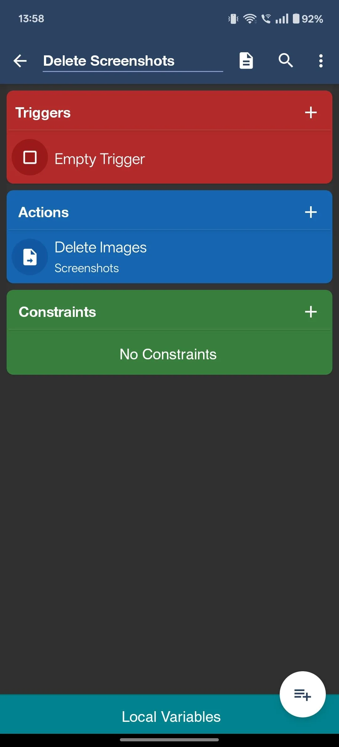 MacroDroid hiển thị hành động &quot;Delete Images&quot; (Xóa hình ảnh) đã được cấu hình, sẵn sàng thực hiện việc dọn dẹp ảnh chụp màn hình.