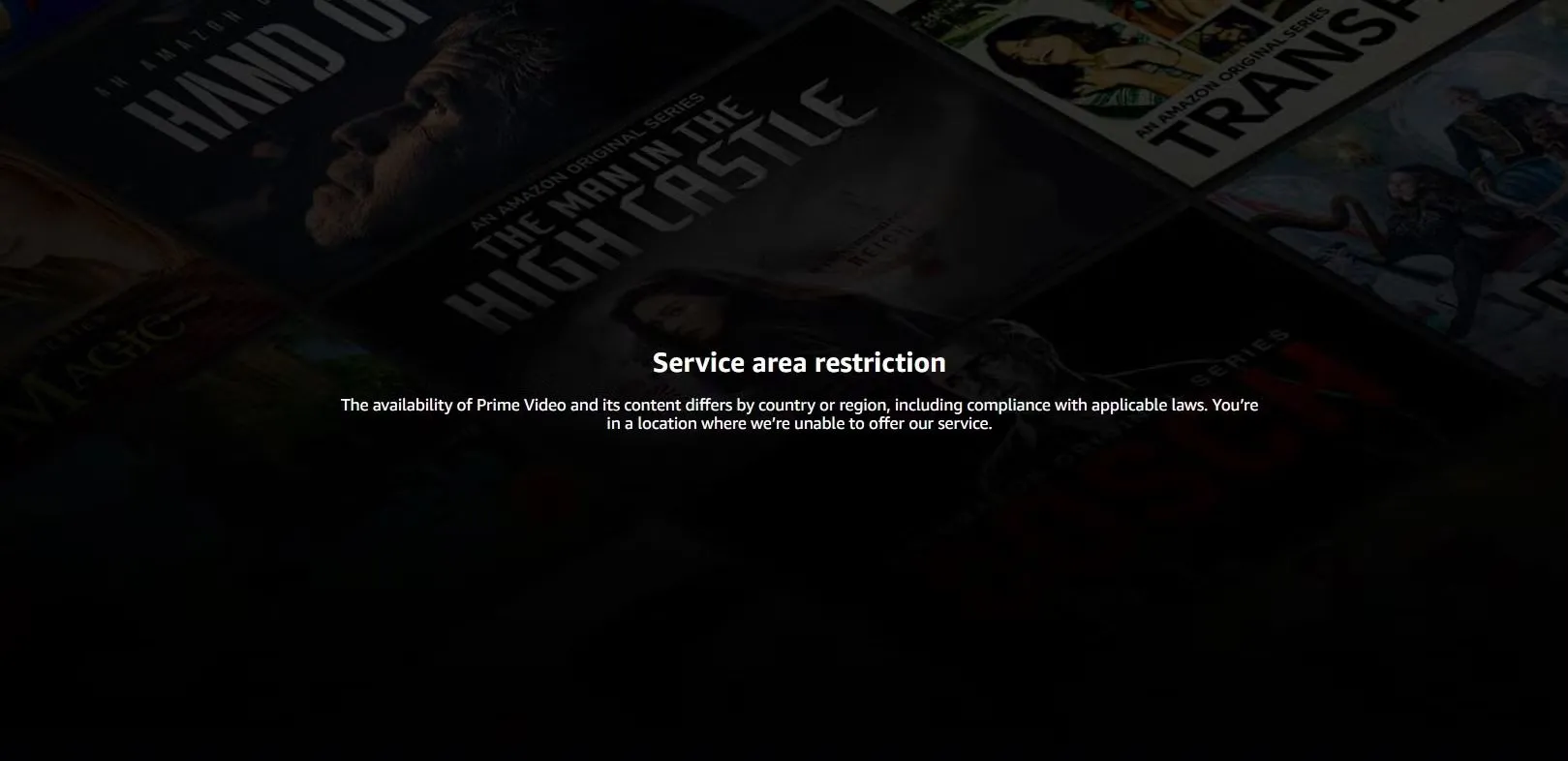 Màn hình Amazon Prime Video hiển thị thông báo nội dung bị giới hạn địa lý trước khi sử dụng Smart DNS Proxy.
