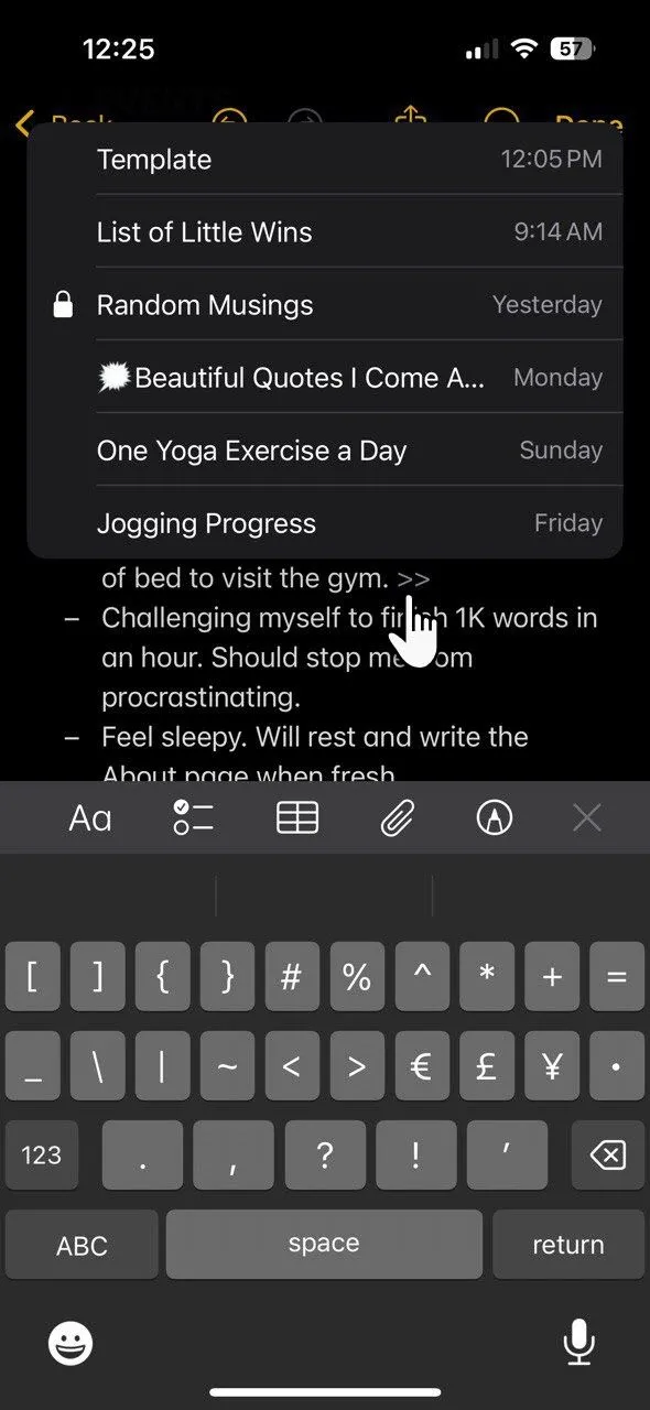 Màn hình Apple Notes minh họa việc liên kết ghi chú và sử dụng thẻ (tags) để theo dõi trạng thái năng suất trong Bullet Journal.