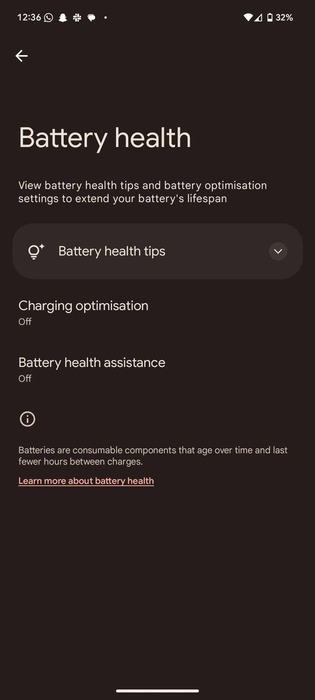 Màn hình Battery health và Battery health assistance mới trong cài đặt pin của Android 16