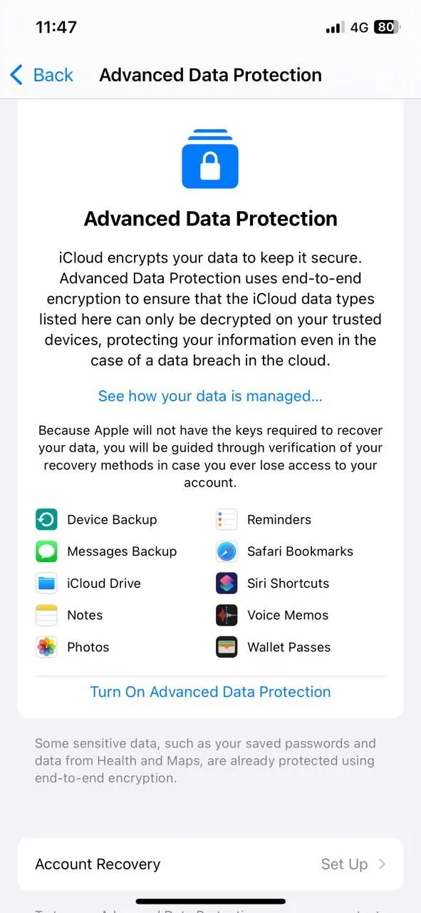 Màn hình cài đặt Bảo vệ Dữ liệu Nâng cao cho iCloud trên iPhone.