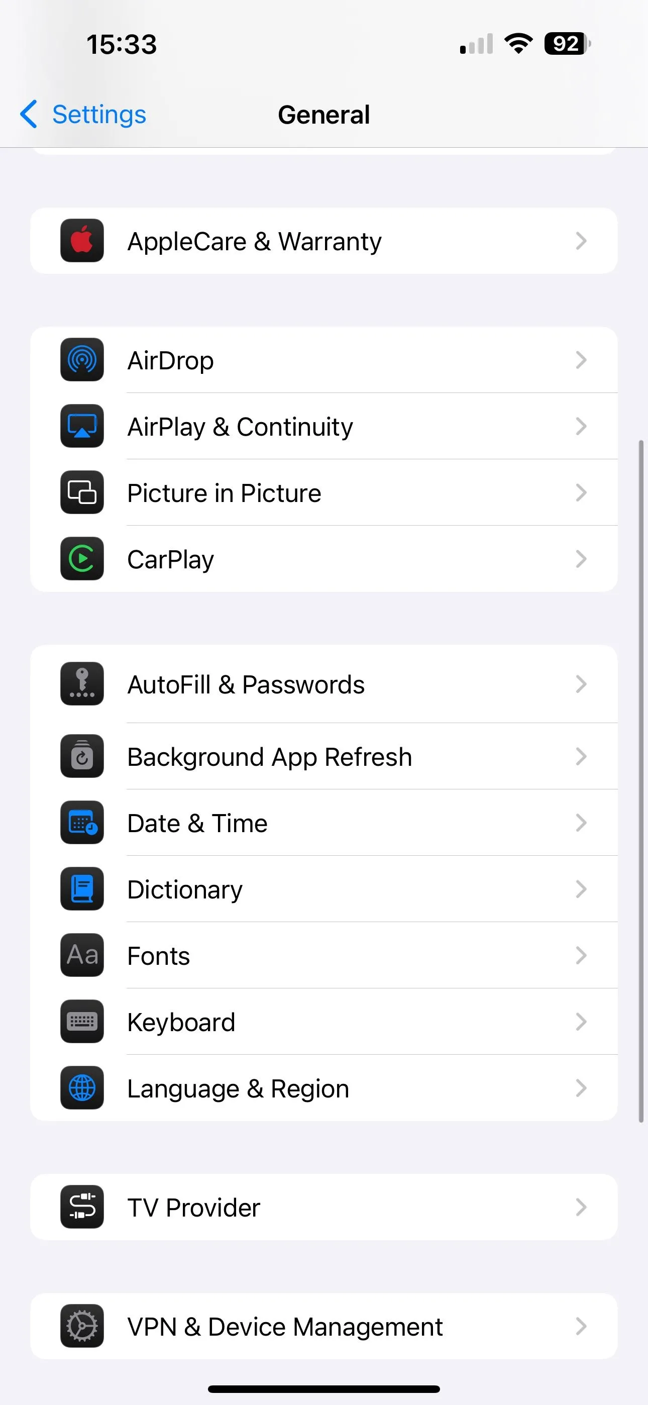Màn hình cài đặt chung trong ứng dụng Cài đặt trên iPhone