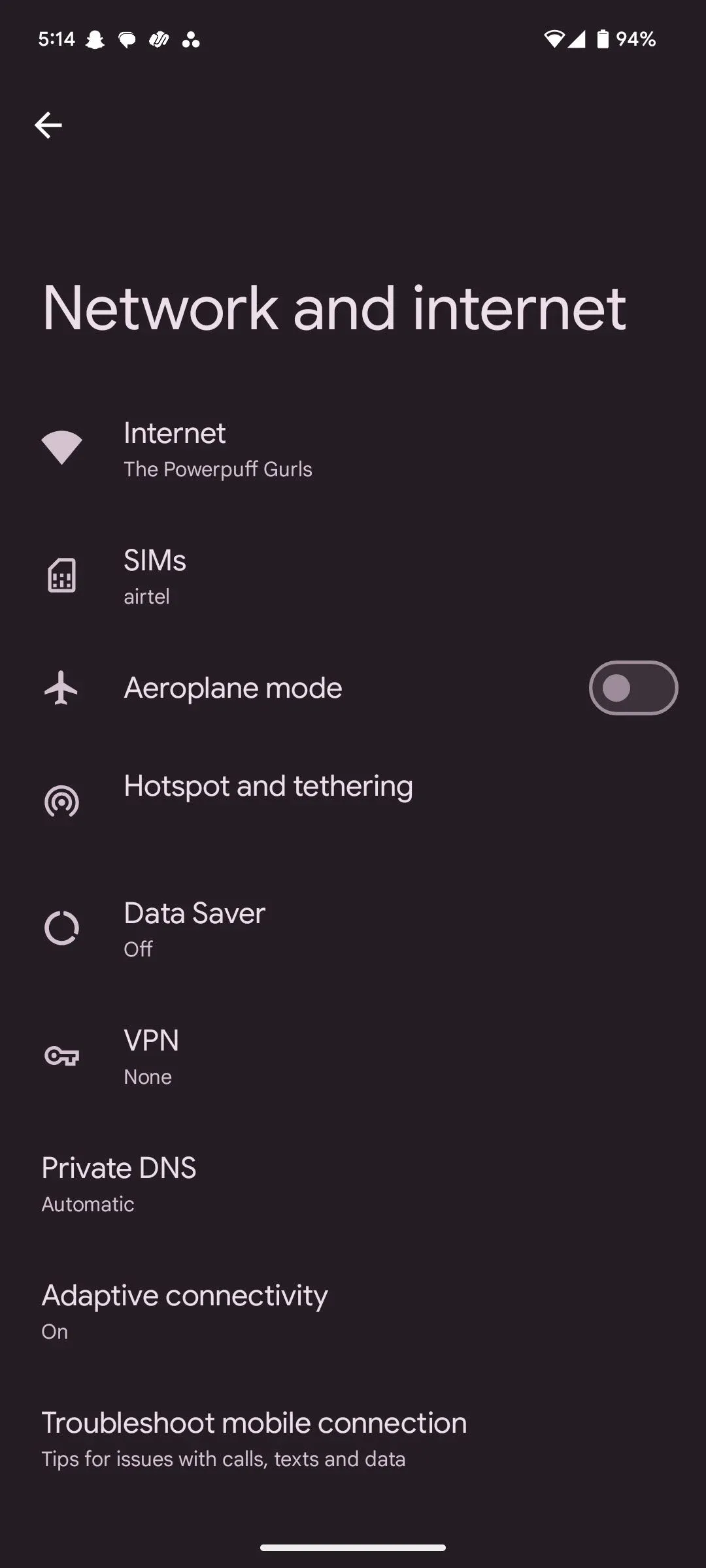 Màn hình Cài đặt của Android với tùy chọn "Mạng và internet"
