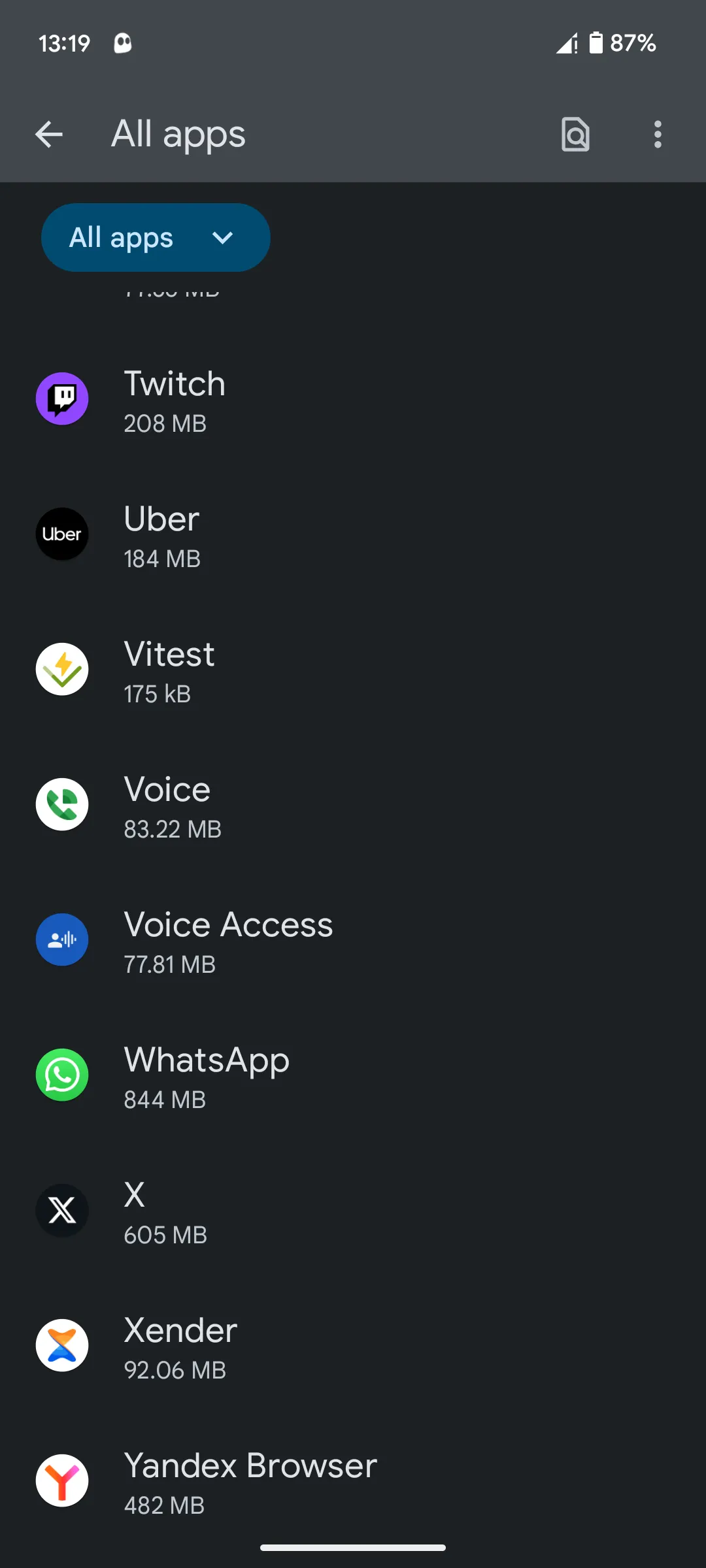 Màn hình cài đặt điện thoại Android hiển thị danh sách tất cả các ứng dụng đã cài đặt, với tùy chọn 'See all apps'