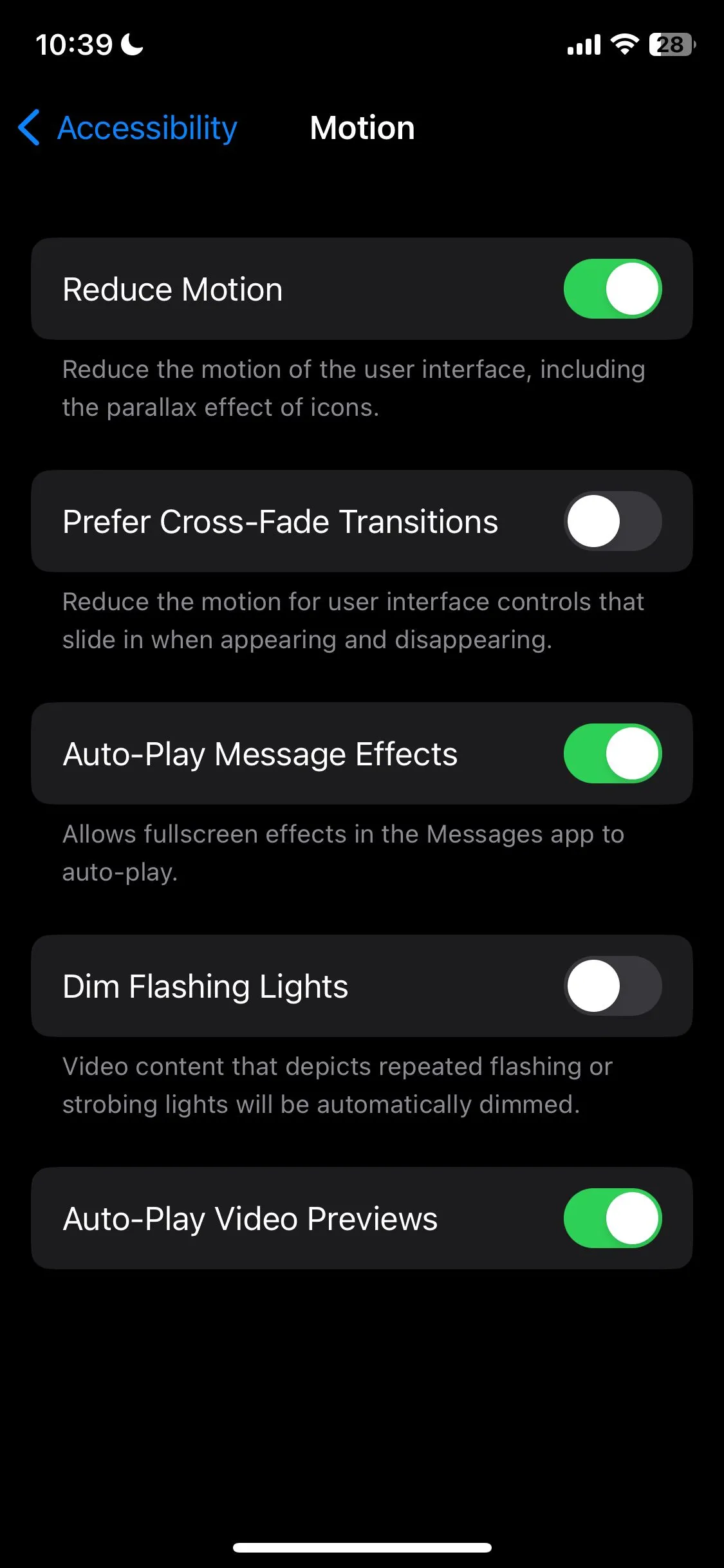 Màn hình cài đặt Giảm chuyển động trong phần Trợ năng của iPhone