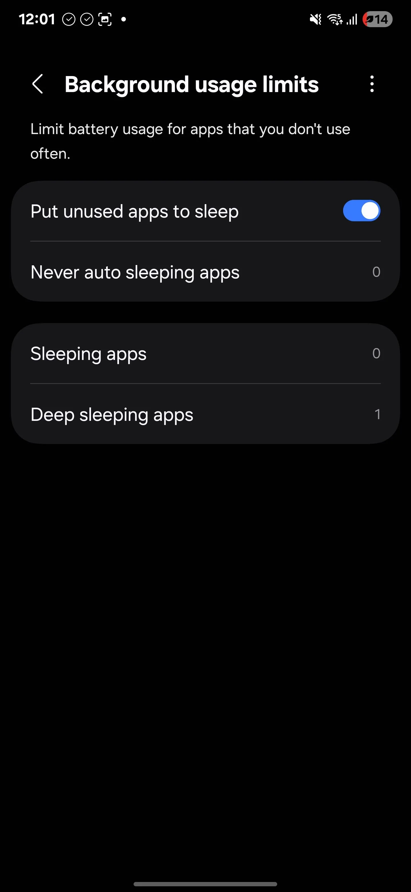 Màn hình cài đặt 'Giới hạn sử dụng trong nền' trên Android, cho phép kích hoạt chế độ 'Đưa ứng dụng không dùng đến vào chế độ ngủ' để tiết kiệm pin và bảo mật.