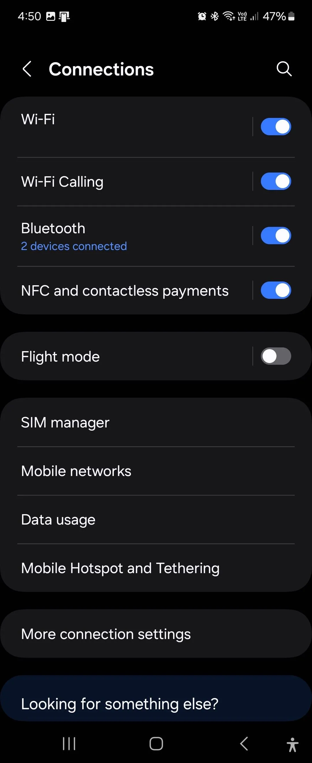 Màn hình cài đặt Kết nối trên One UI 6.12, nơi cấu hình các tùy chọn mạng không dây.