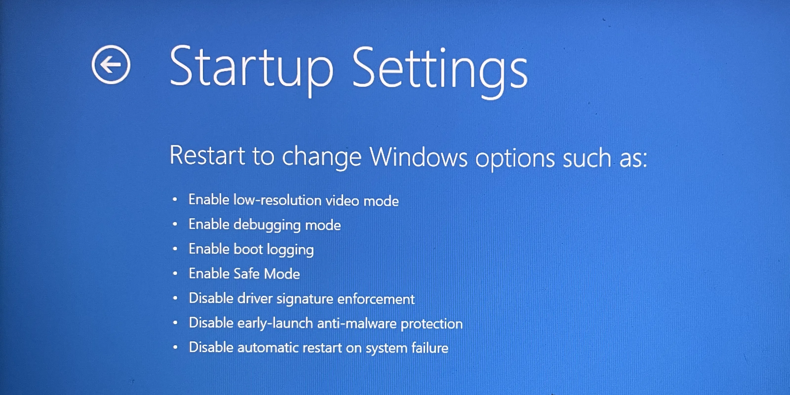 Màn hình Cài đặt Khởi động (Startup Settings) trong Windows với các tùy chọn chế độ khởi động đặc biệt