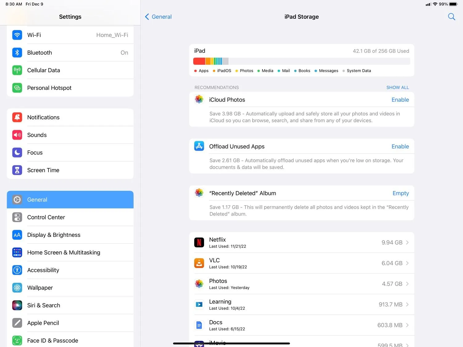 Màn hình cài đặt quản lý dung lượng lưu trữ trên iPad, hiển thị chi tiết mức sử dụng bộ nhớ