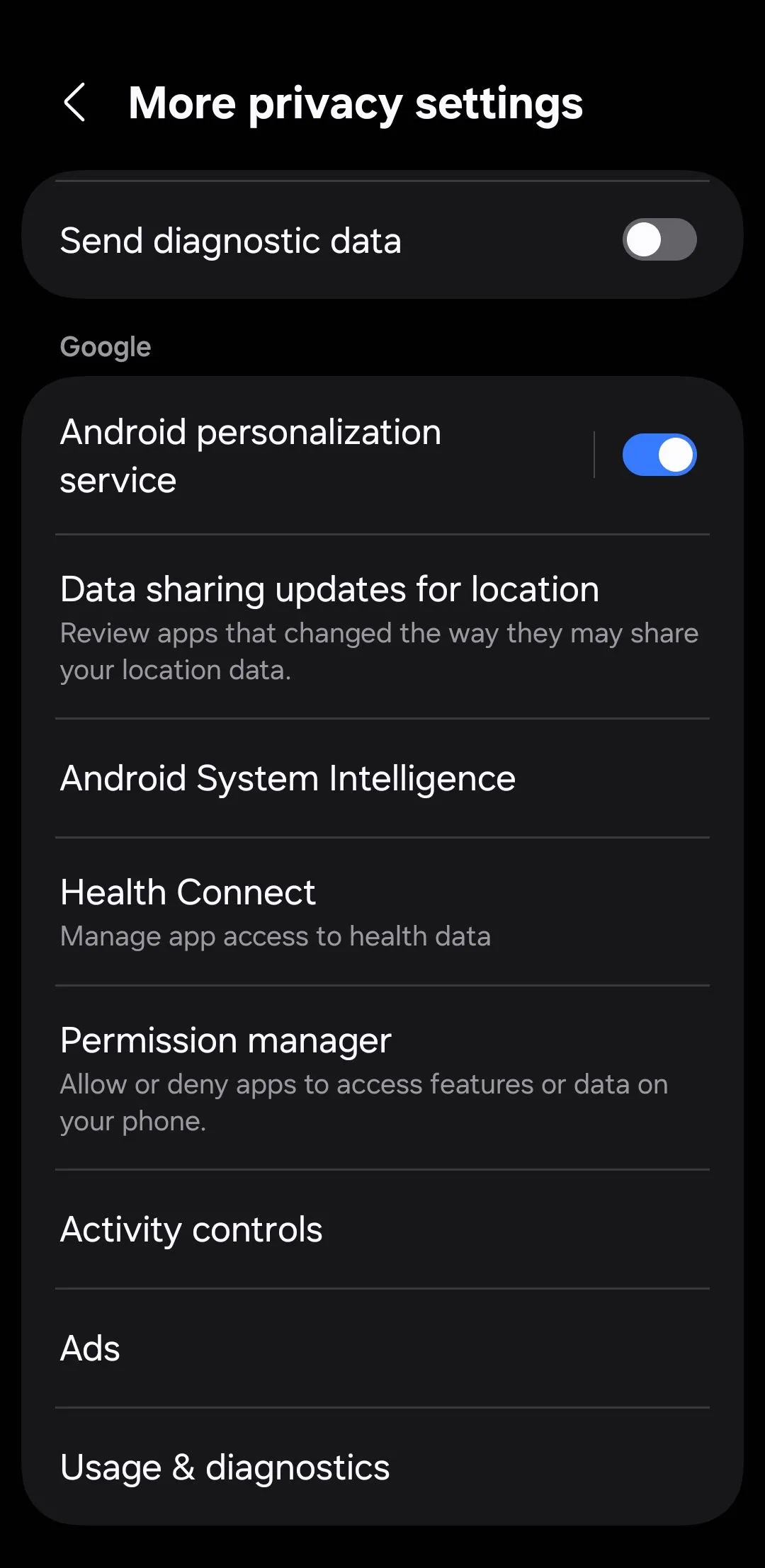 Màn hình cài đặt quyền riêng tư trên điện thoại Android