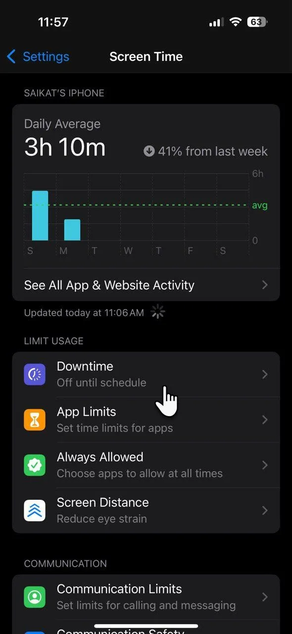 Màn hình cài đặt tính năng Downtime (Thời gian nghỉ) trong phần &quot;Giới hạn sử dụng&quot; của Screen Time trên iPhone.