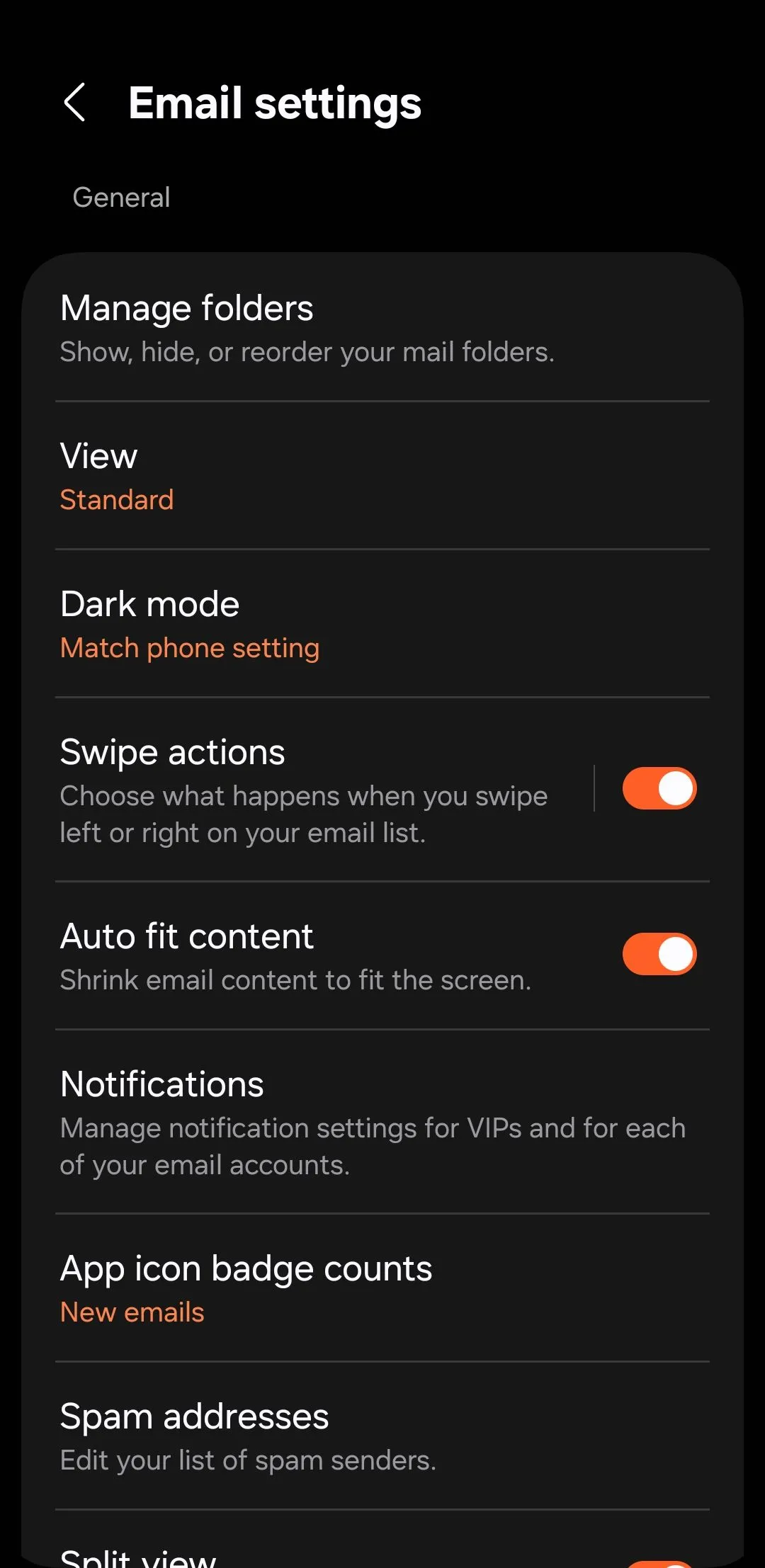 Màn hình cài đặt ứng dụng Samsung Email trên điện thoại Galaxy, hiển thị các tùy chọn cấu hình tài khoản và thông báo.