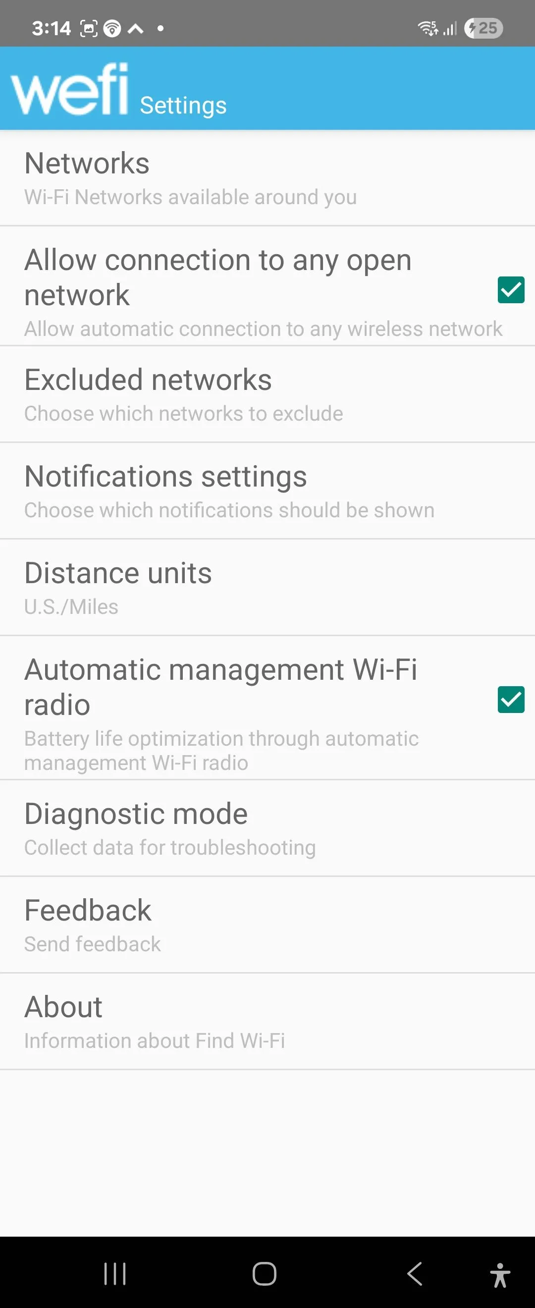 Màn hình cài đặt ứng dụng WeFi trên Android với các tùy chọn quản lý kết nối và tối ưu pin.