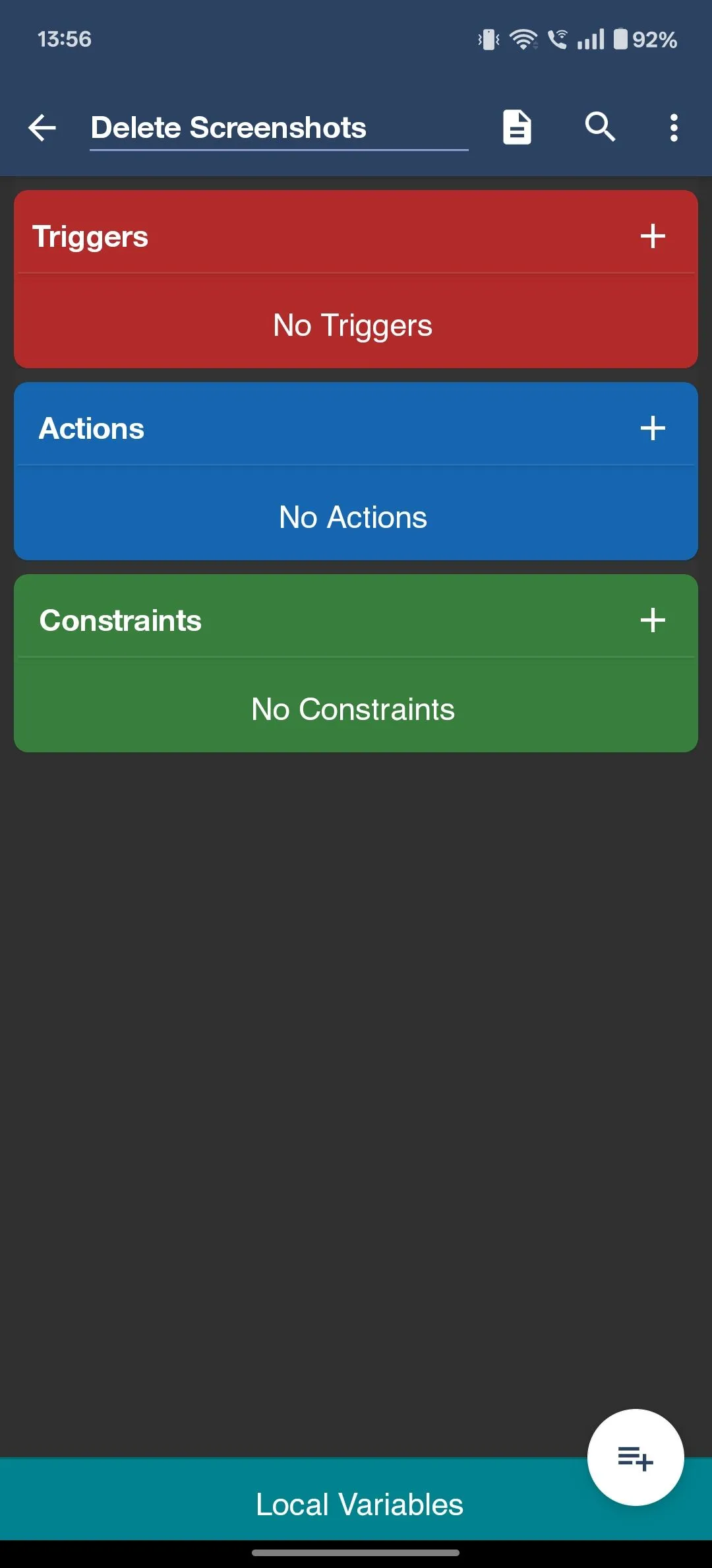 Màn hình cấu hình macro mới trong MacroDroid, với các thẻ Triggers, Actions và Constraints, sẵn sàng để người dùng thiết lập.