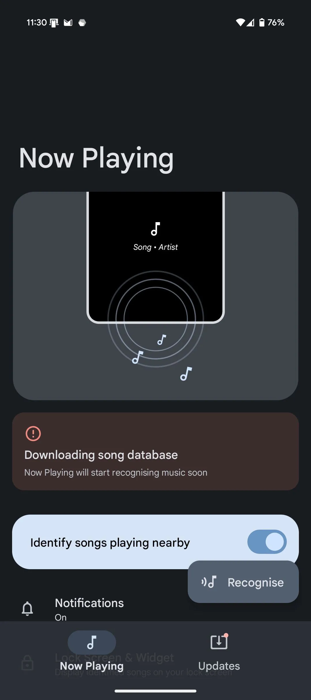 Màn hình cấu hình vị trí và hiển thị của tính năng Now Playing trong Ambient Music Mod