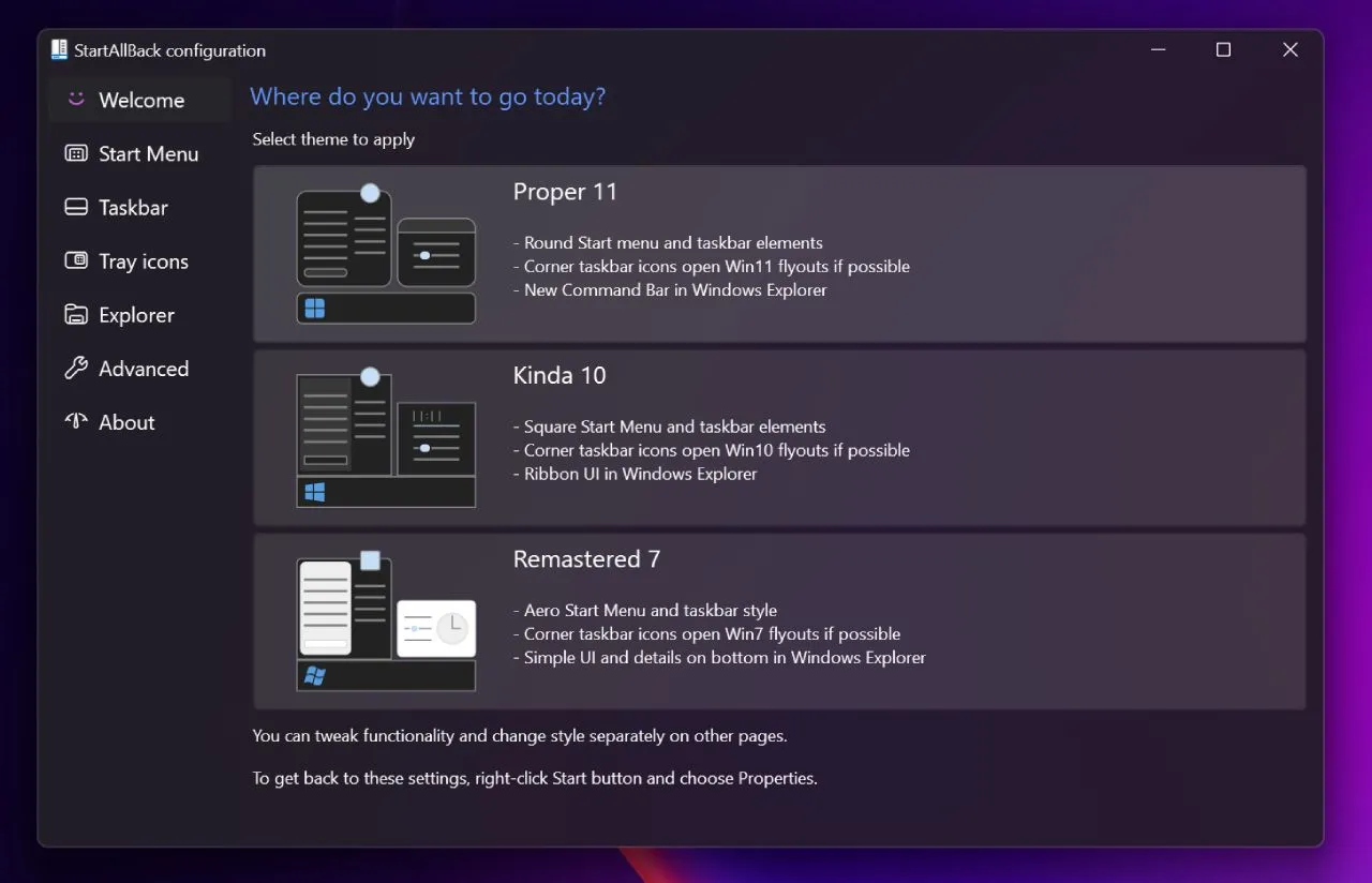 Màn hình chào mừng ứng dụng Startallback trên Windows 11