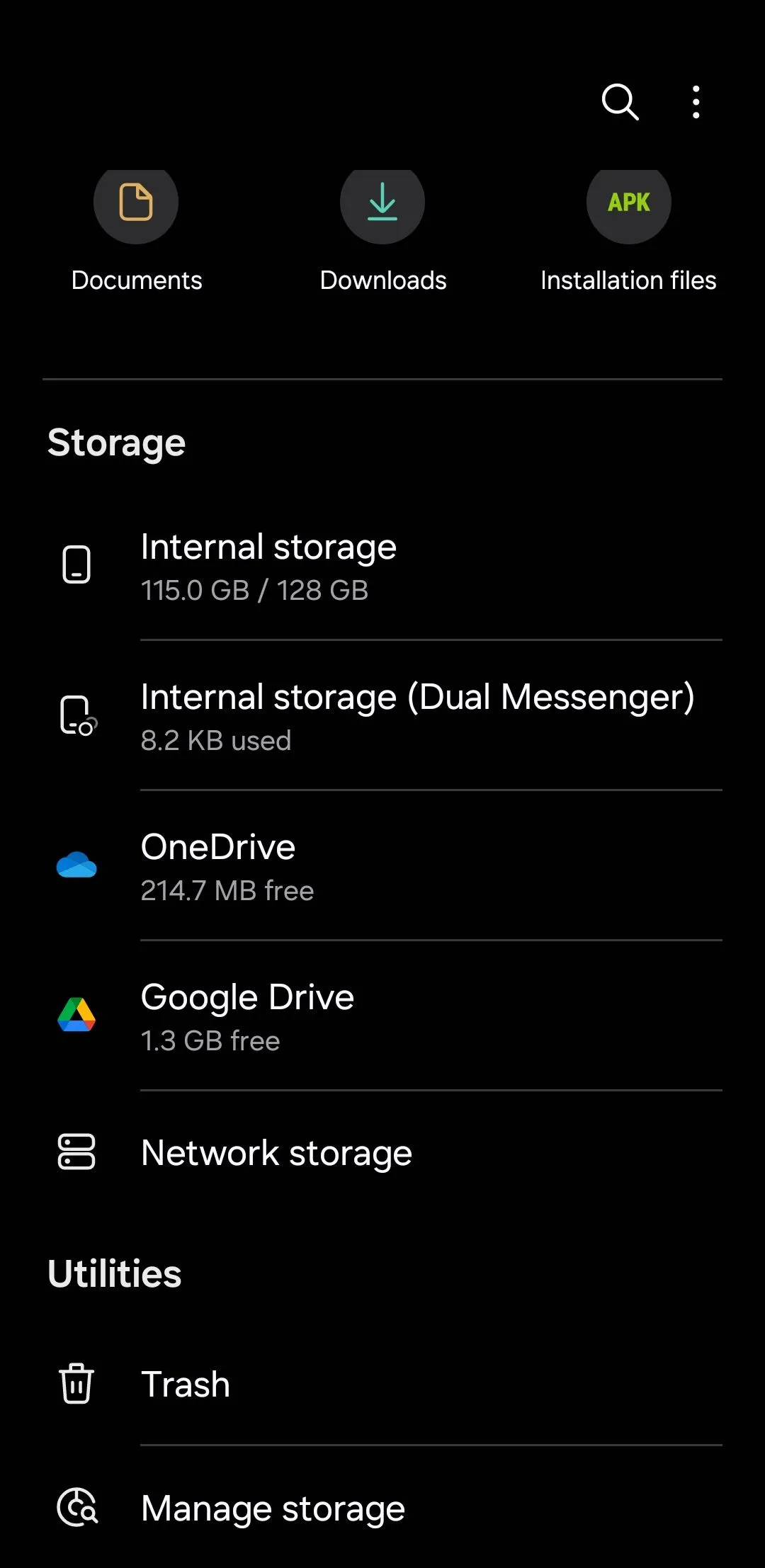 Màn hình chính của ứng dụng Samsung Files