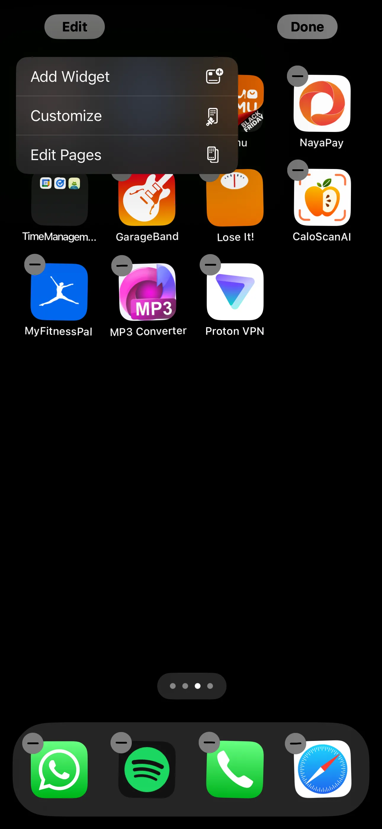 Màn hình chính iPhone đang ở chế độ chỉnh sửa widget.