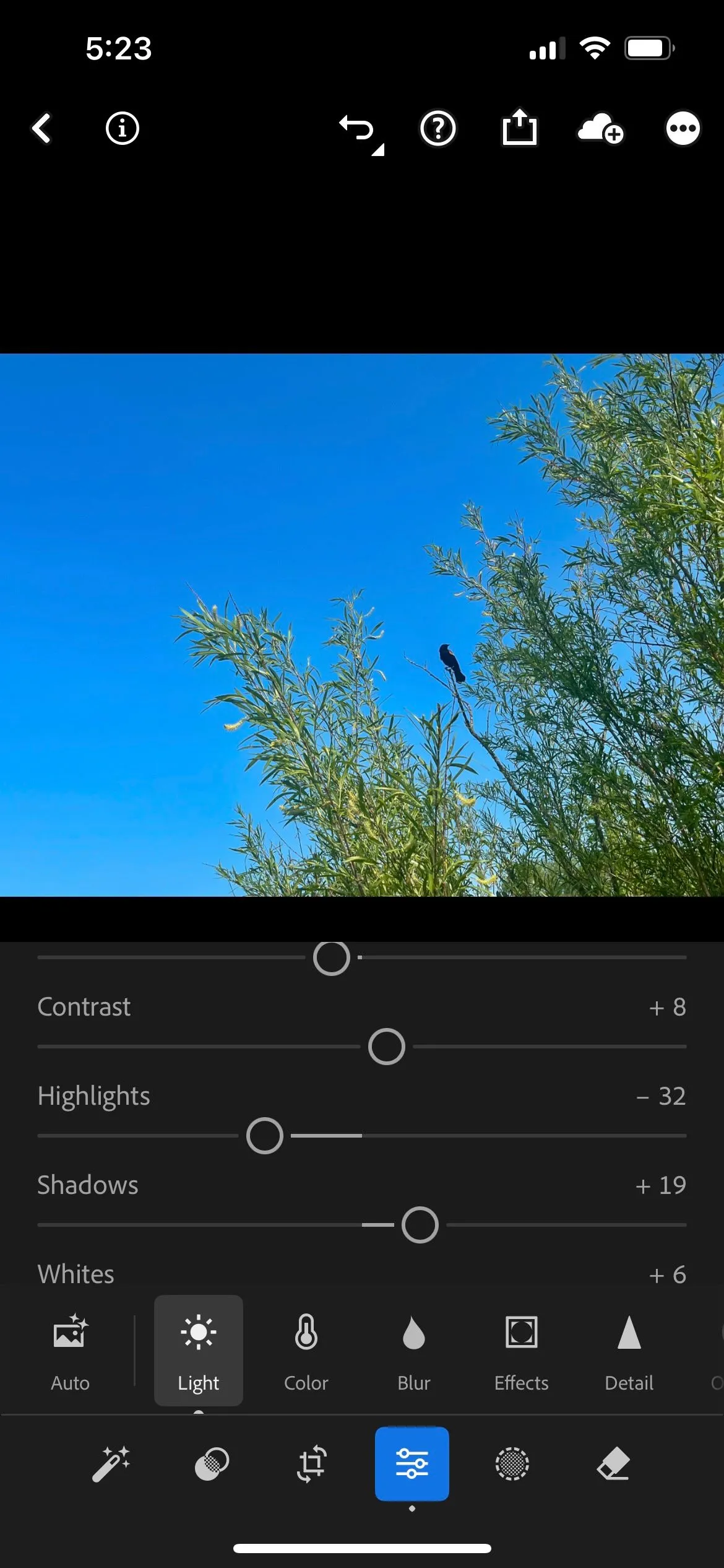 Màn hình chỉnh sửa phơi sáng cơ bản trong ứng dụng Lightroom Mobile với các thanh trượt điều chỉnh