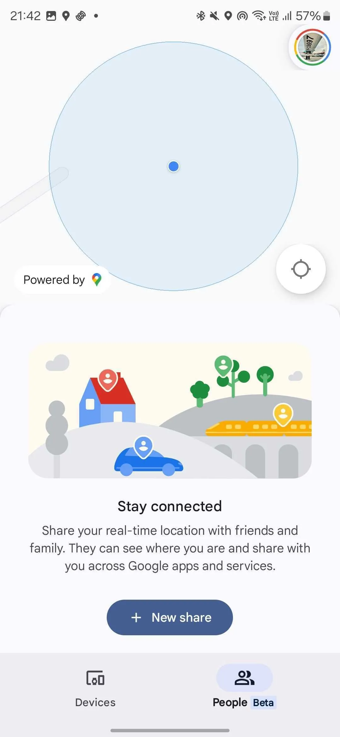 Màn hình chính ứng dụng Google Tìm thiết bị của tôi với tab People (Beta) đang được chọn.