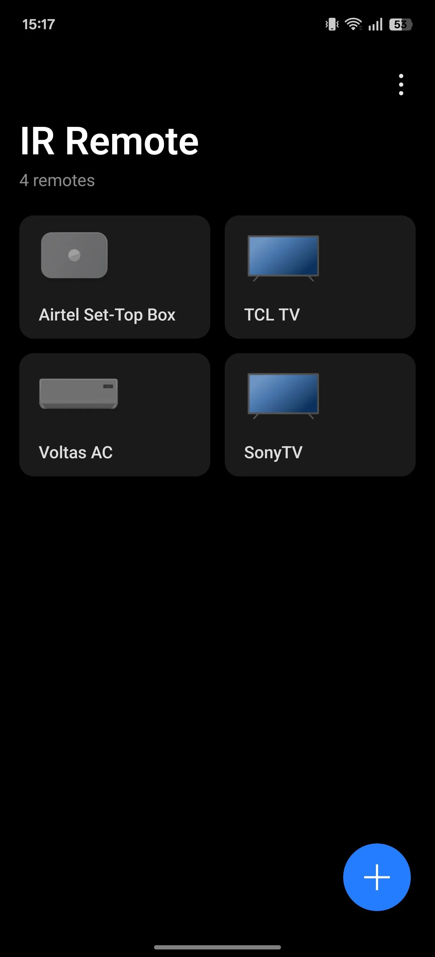 Màn hình chính ứng dụng IR Remote trên điện thoại Android, nơi quản lý các remote đã lưu.