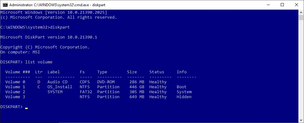 Màn hình Command Prompt hiển thị kết quả lệnh 'diskpart' và 'list volume' để quản lý ổ đĩa và phân vùng khi sửa lỗi boot.