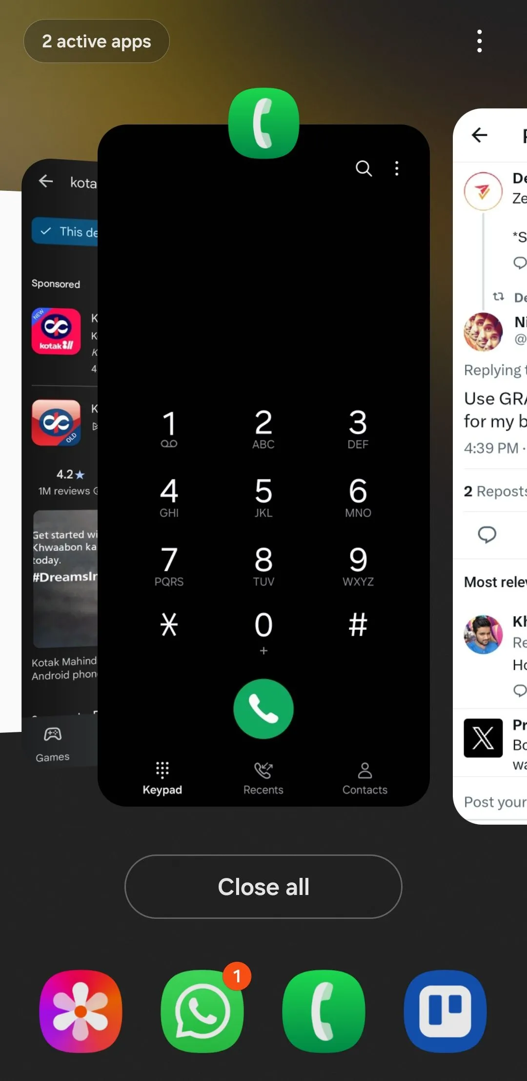 Màn hình đa nhiệm hiển thị các ứng dụng gần đây trên điện thoại Android