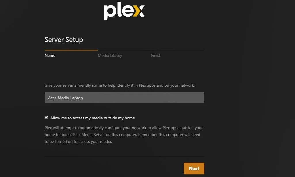Màn hình đặt tên cho máy chủ Plex Media Server, giúp người dùng dễ dàng quản lý.