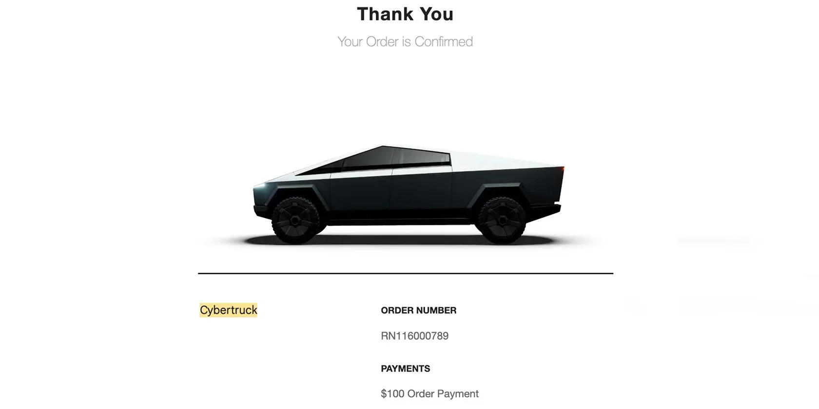 Màn hình điện thoại hiển thị xác nhận đơn hàng của Tesla Cybertruck, tượng trưng cho thông tin mua sắm cần được bảo mật.