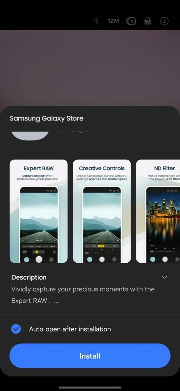 Màn hình điện thoại Samsung đang hiển thị quá trình cài đặt ứng dụng Expert RAW từ Galaxy Store.