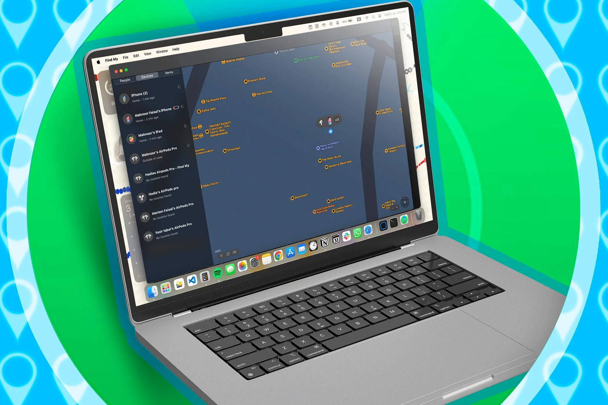 Màn hình Find My trên MacBook hiển thị vị trí của thiết bị, hỗ trợ tìm kiếm điện thoại bị mất.