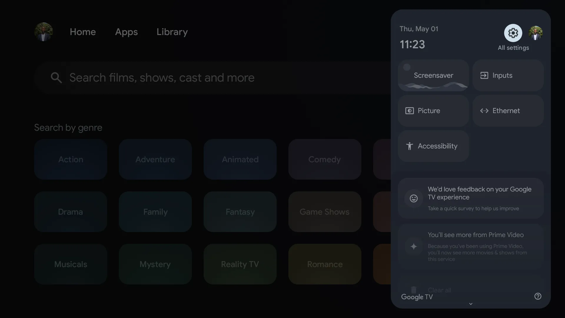 Màn hình giao diện Google TV hiển thị tùy chọn 'Tất cả cài đặt' (All settings) trong menu chính.