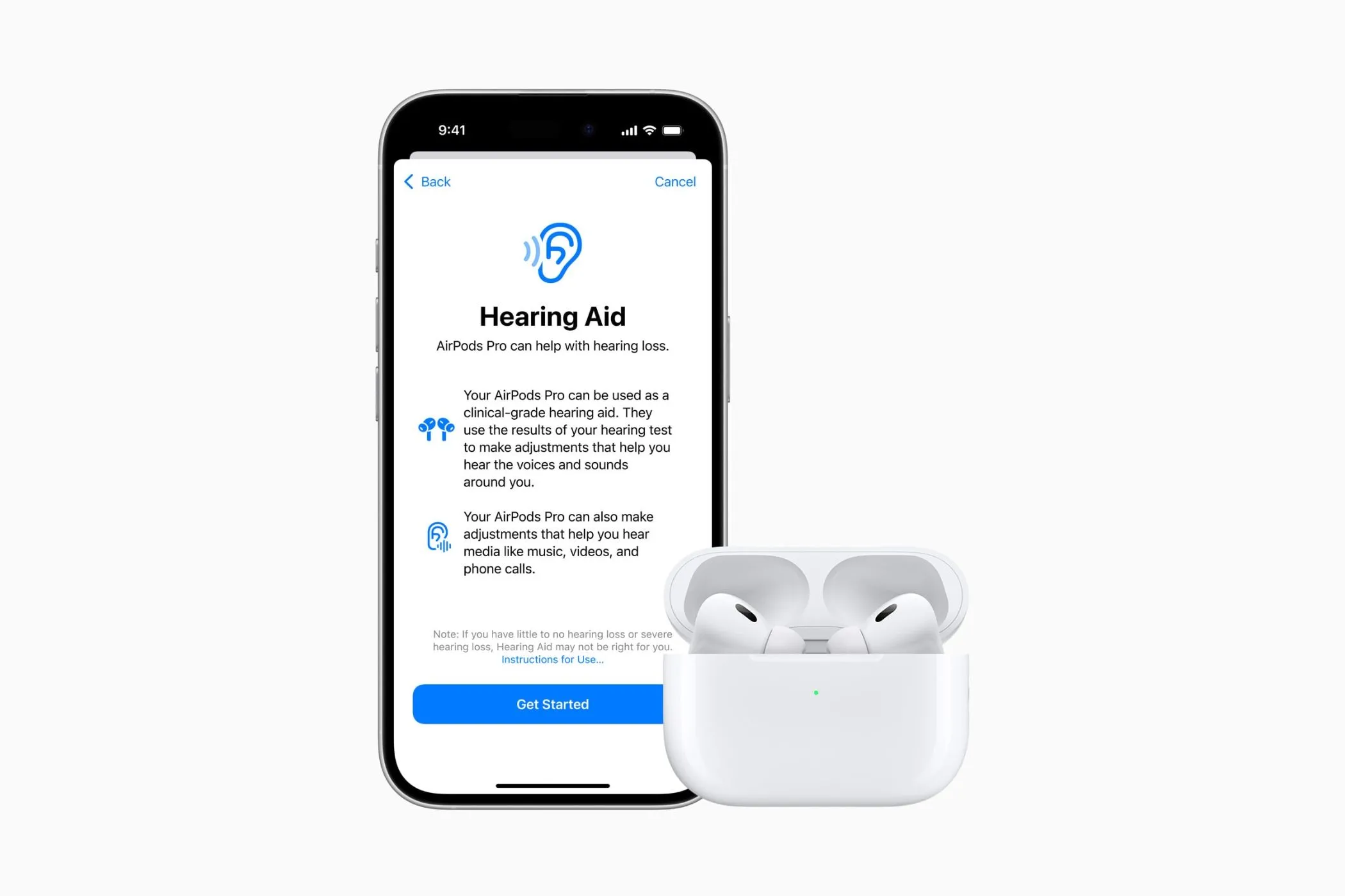 Màn hình iPhone hiển thị tính năng hỗ trợ thính giác của AirPods Pro 2, minh họa các tính năng âm thanh thông minh mà Powerbeats Pro 2 còn thiếu.