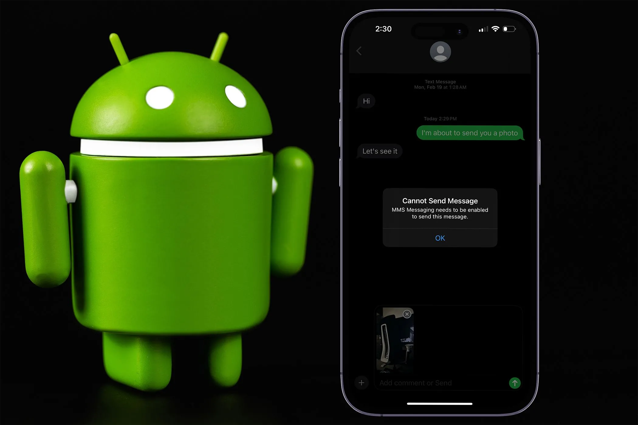 Màn hình iPhone với ứng dụng Tin nhắn và lỗi 'Không thể gửi tin nhắn' cùng biểu tượng Android