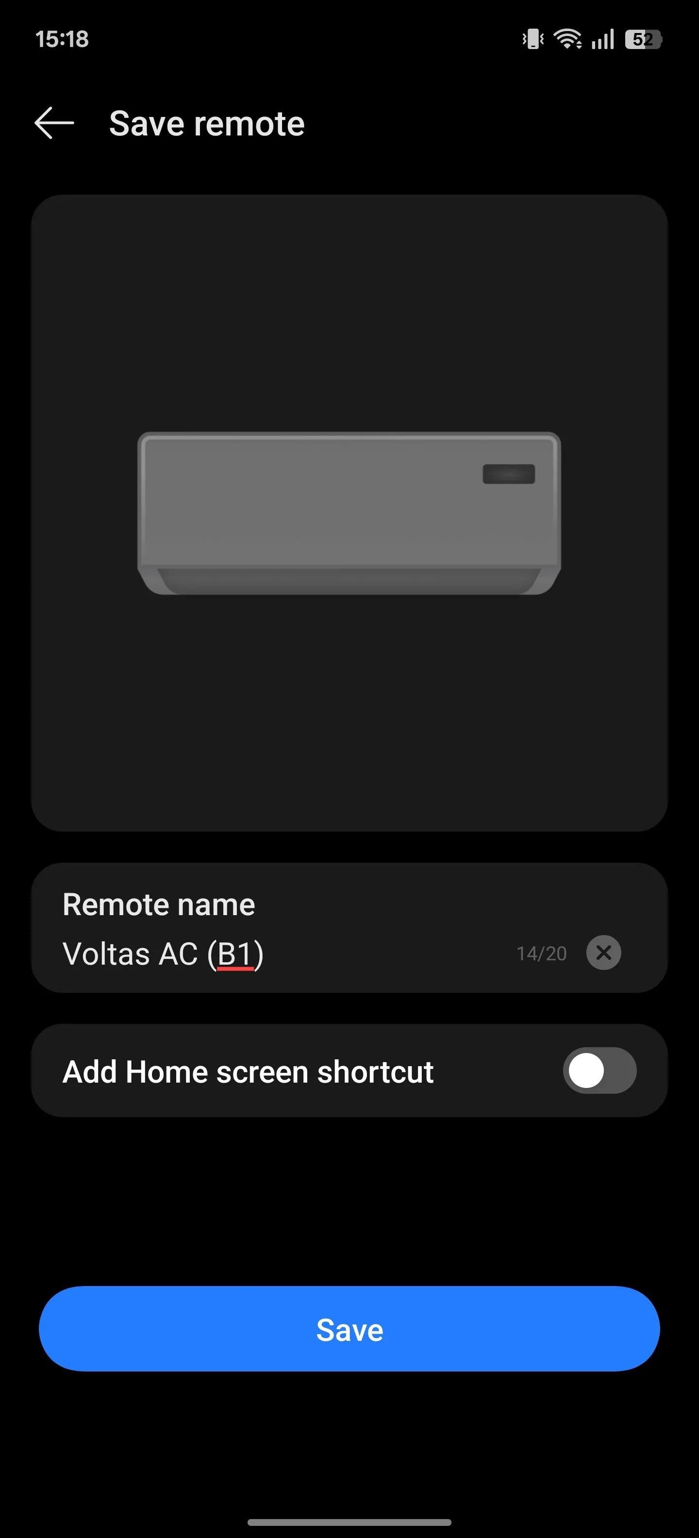 Màn hình lưu remote, cho phép đặt tên và tạo lối tắt ra màn hình chính trong ứng dụng IR Remote.