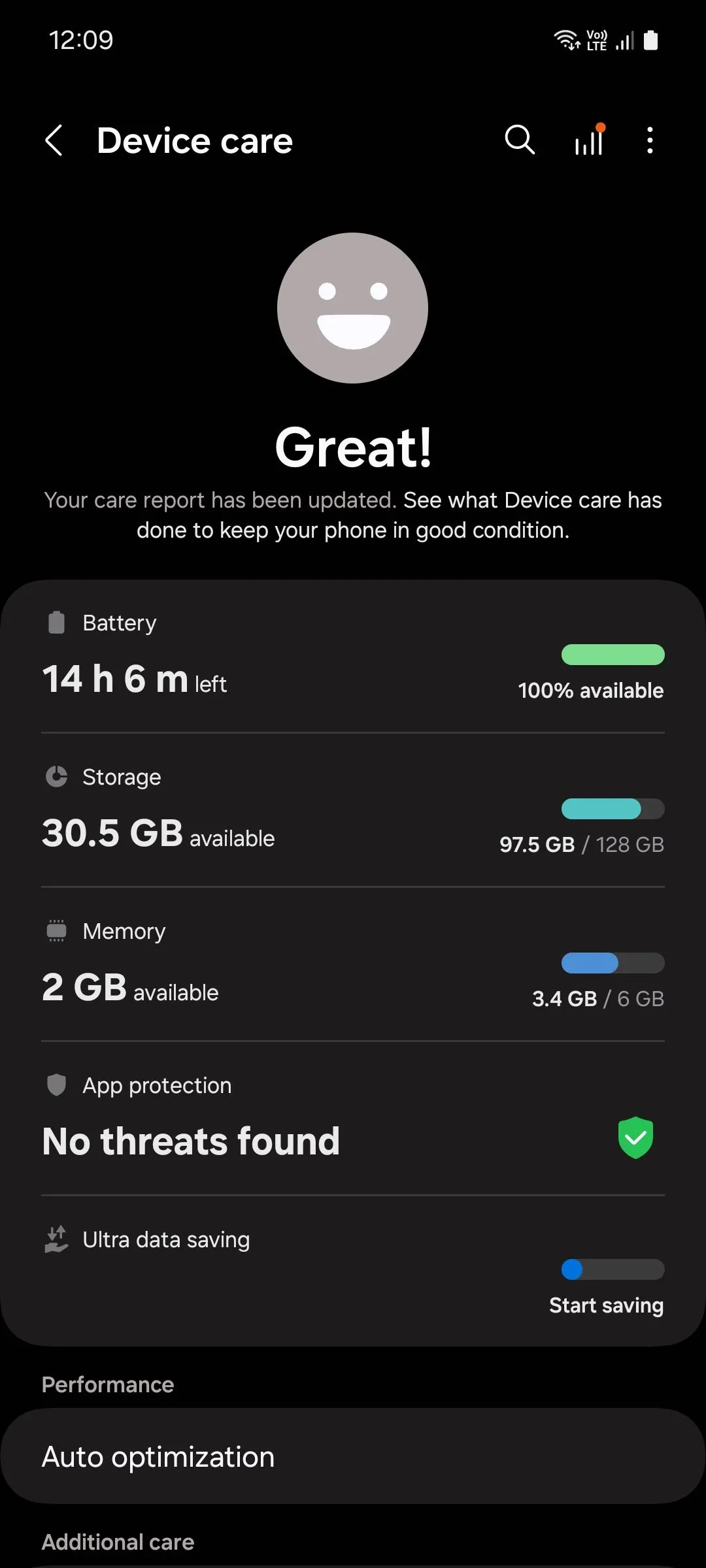 Màn hình menu Chăm sóc thiết bị trên điện thoại Samsung hiển thị tùy chọn Bộ nhớ và nút Dọn dẹp ngay