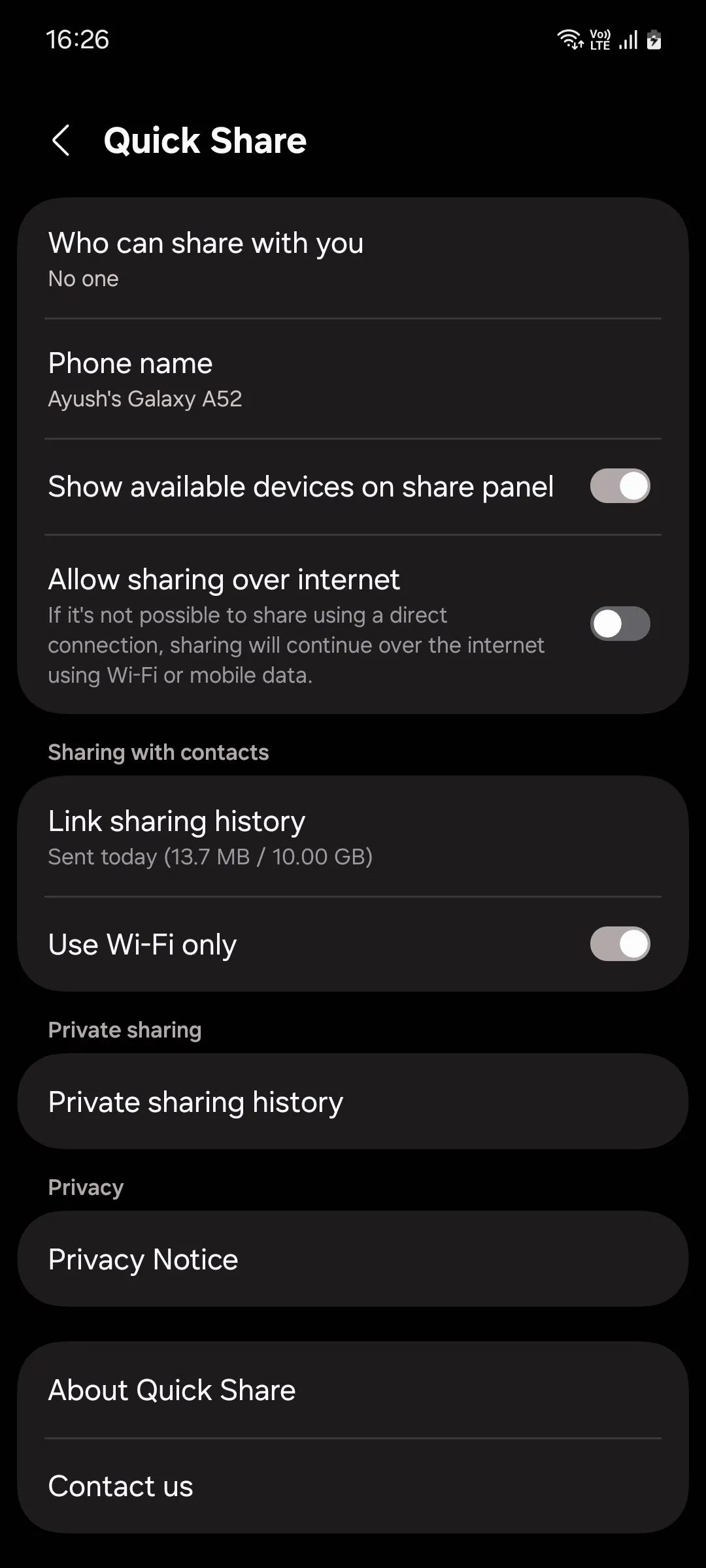 Màn hình quản lý lịch sử chia sẻ liên kết trong cài đặt Quick Share trên Samsung One UI.
