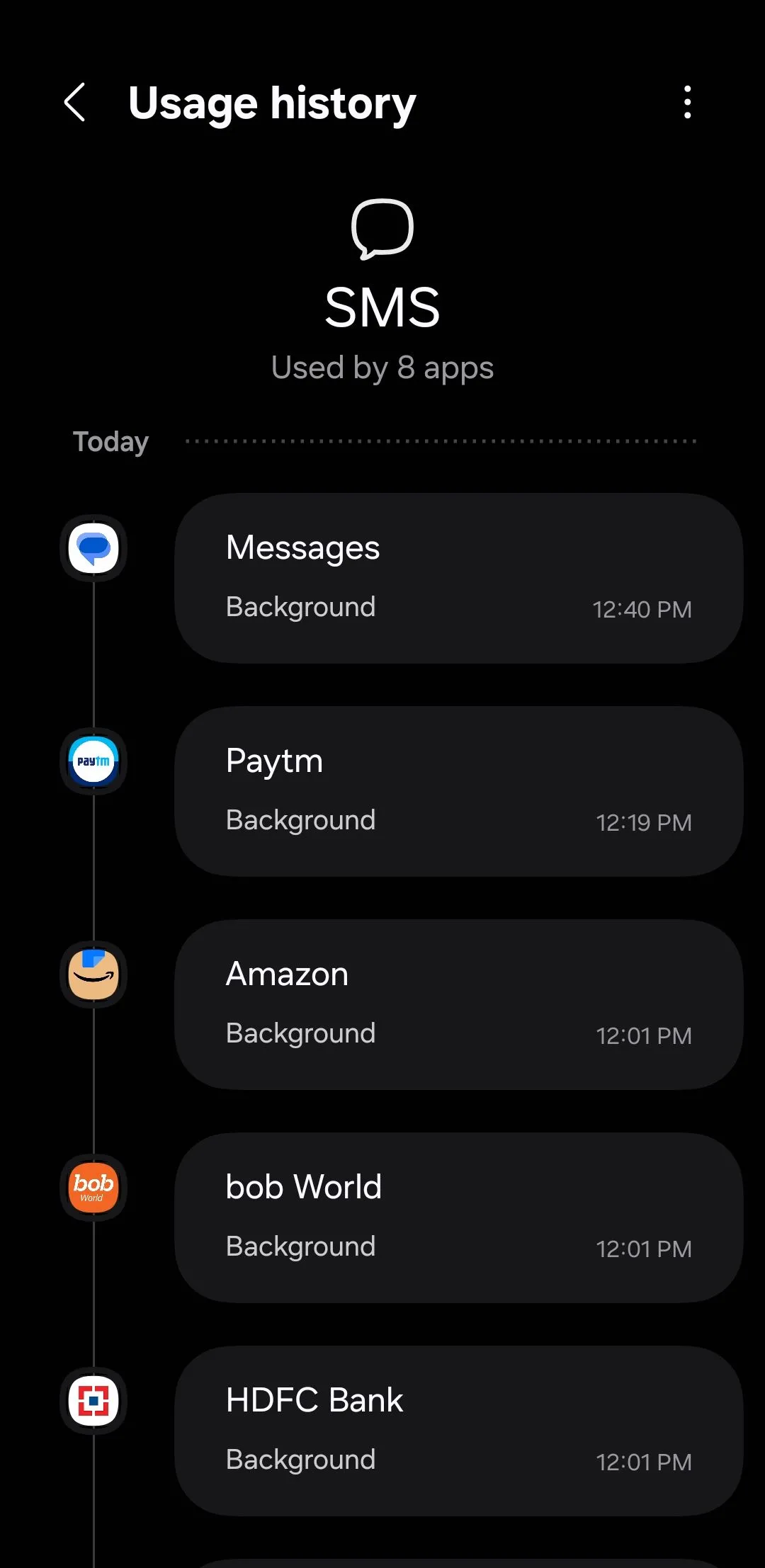 Màn hình sử dụng quyền SMS trên điện thoại Samsung hiển thị các ứng dụng đã truy cập