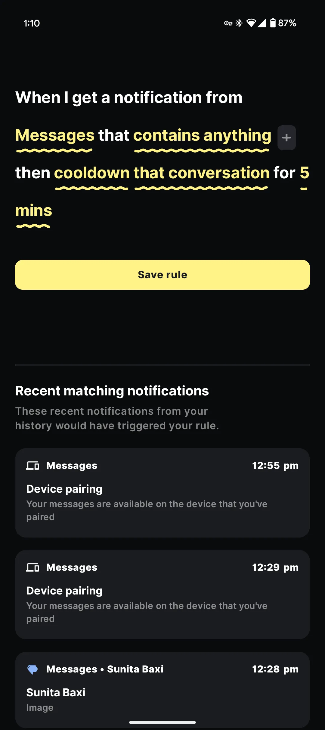 Màn hình tạo quy tắc tùy chỉnh mới trong ứng dụng BuzzKill Android, minh họa cách thiết lập các điều kiện và hành động cho thông báo.