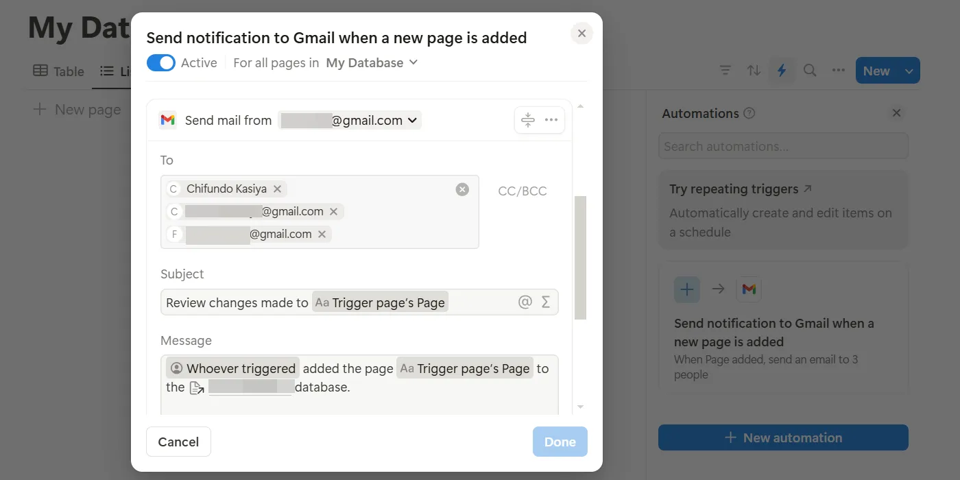 Màn hình thiết lập tự động hóa Gmail trong Notion để gửi thông báo thay đổi database.