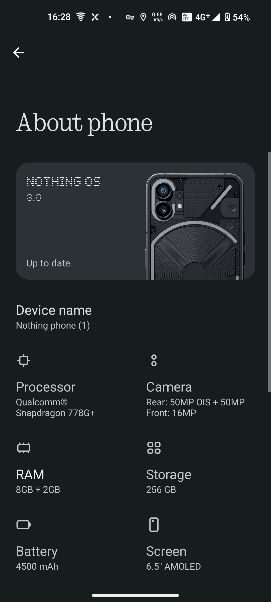 Màn hình &quot;Thông tin điện thoại&quot; trên Nothing Phone hiển thị chi tiết thiết bị