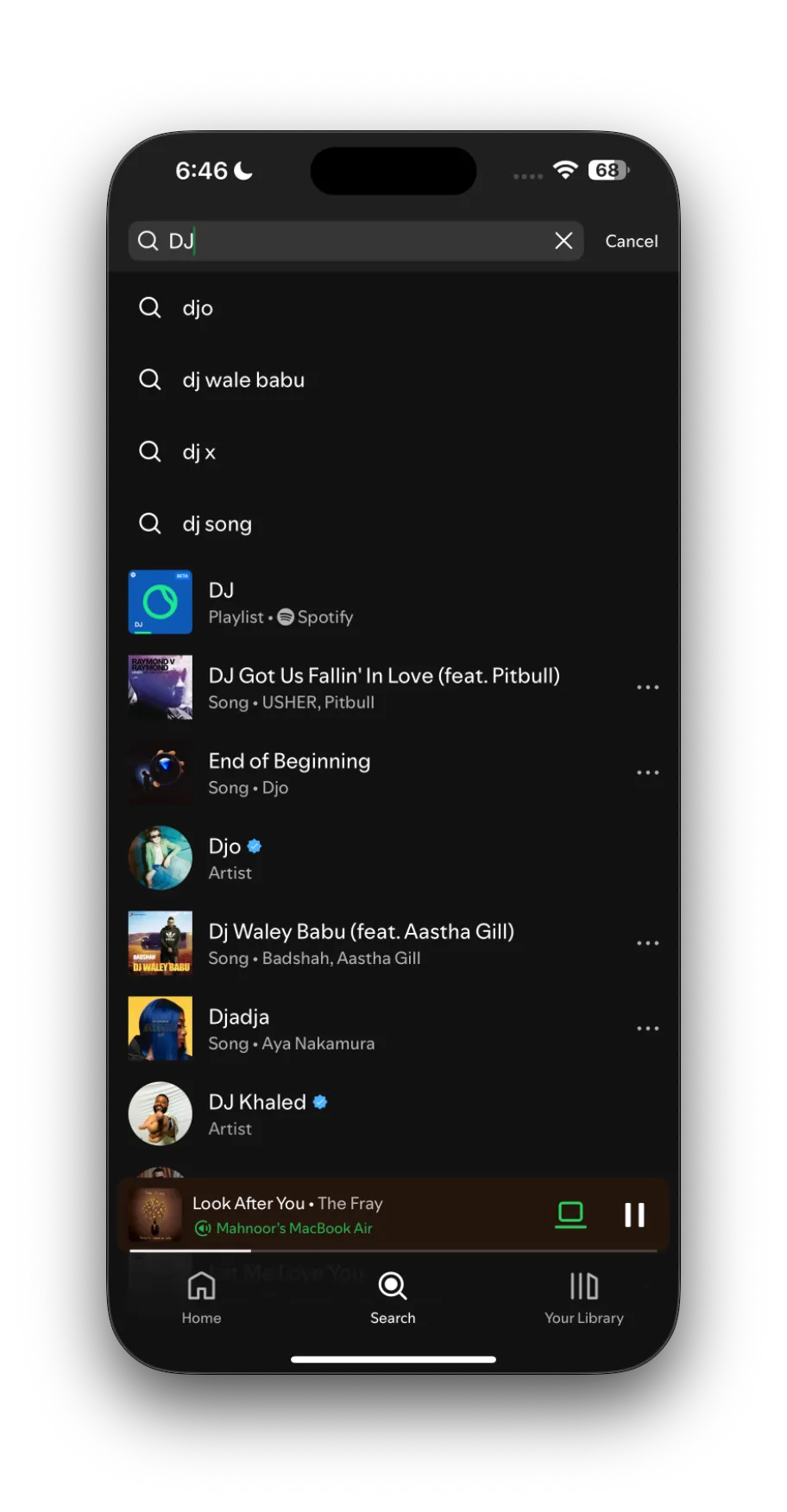 Màn hình tìm kiếm &quot;DJ&quot; trong ứng dụng Spotify, dẫn đến tính năng AI DJ.
