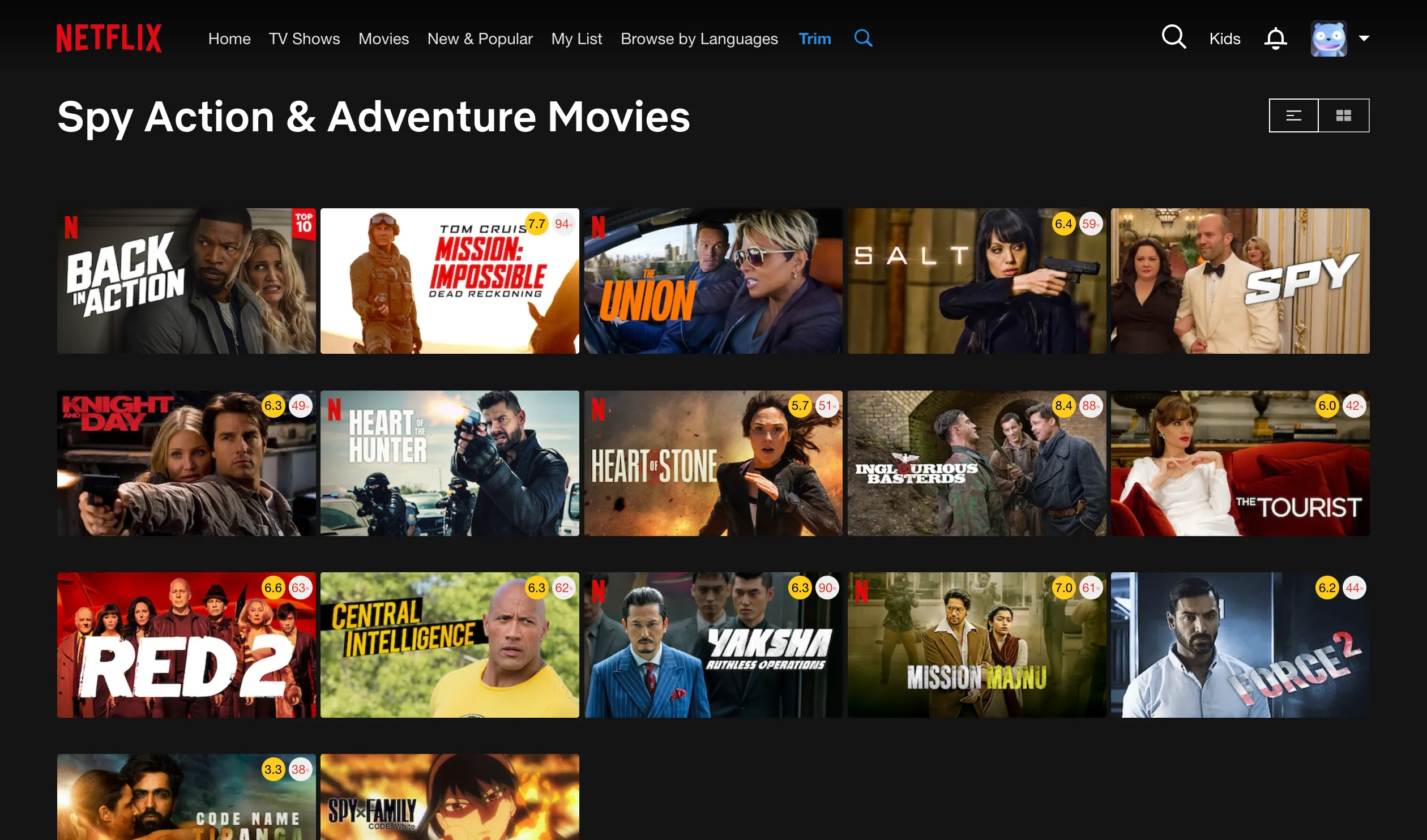 Màn hình tìm kiếm trên Netflix với Trim, hiển thị kết quả cho thể loại phim &quot;Spy Action &amp; Adventure&quot;