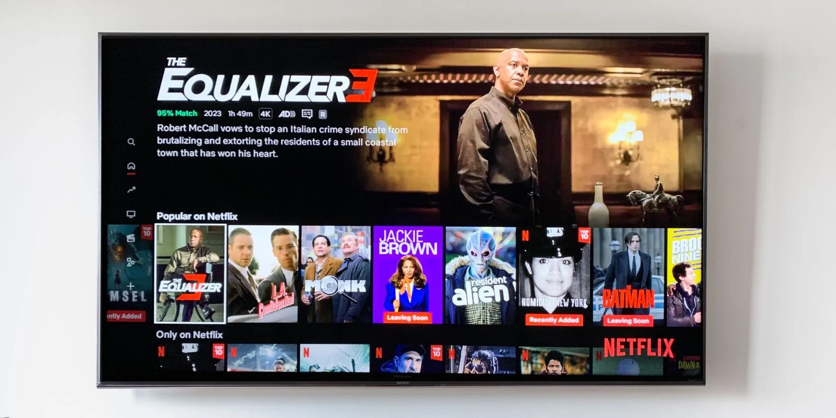 Màn hình trang chủ Netflix với thông tin phim The Equalizer 3, minh họa chất lượng streaming 4K HDR